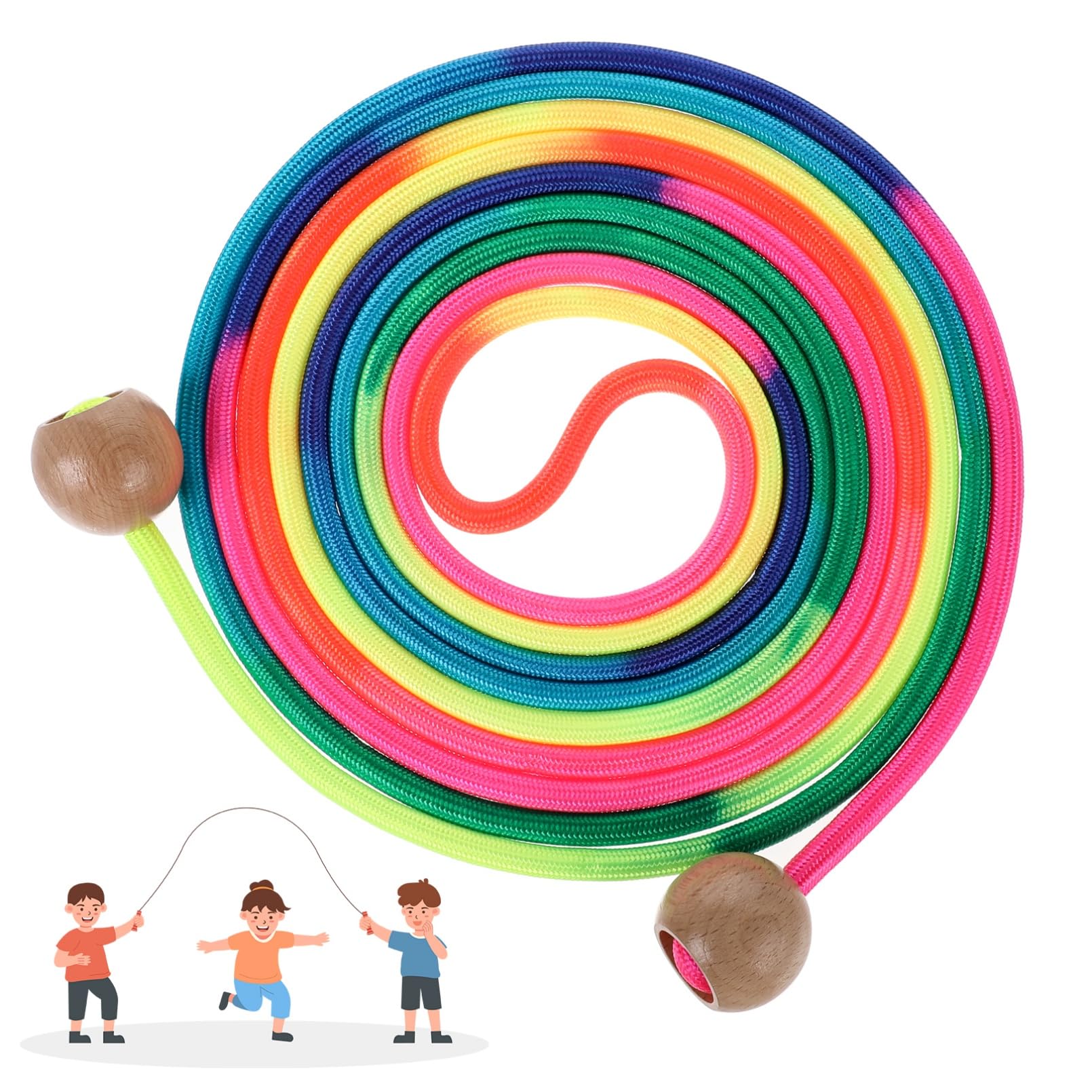 Long Jump Rope for Kids 16 FT Adjustable Skipping Rope Multiplayer Rainbow Jumping Rope with Wooden Ball Handle for School and Outdoor Activities