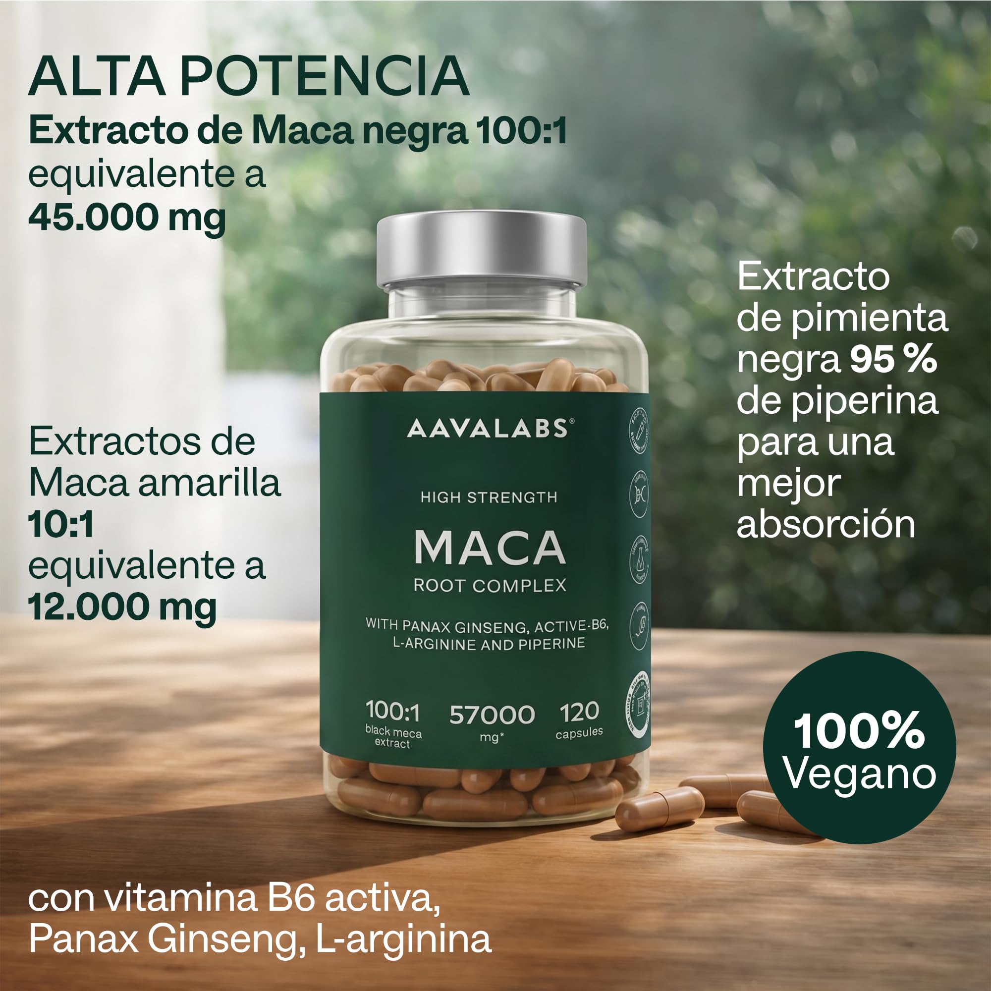 Maca Negra y Amarilla - 57,000 mg - Maca Peruana Andina con Ginseng Panax, L-Arginina, Vitamina B6 y Extracto de Pimienta Negra - 120 Maka Cápsulas - Veganas