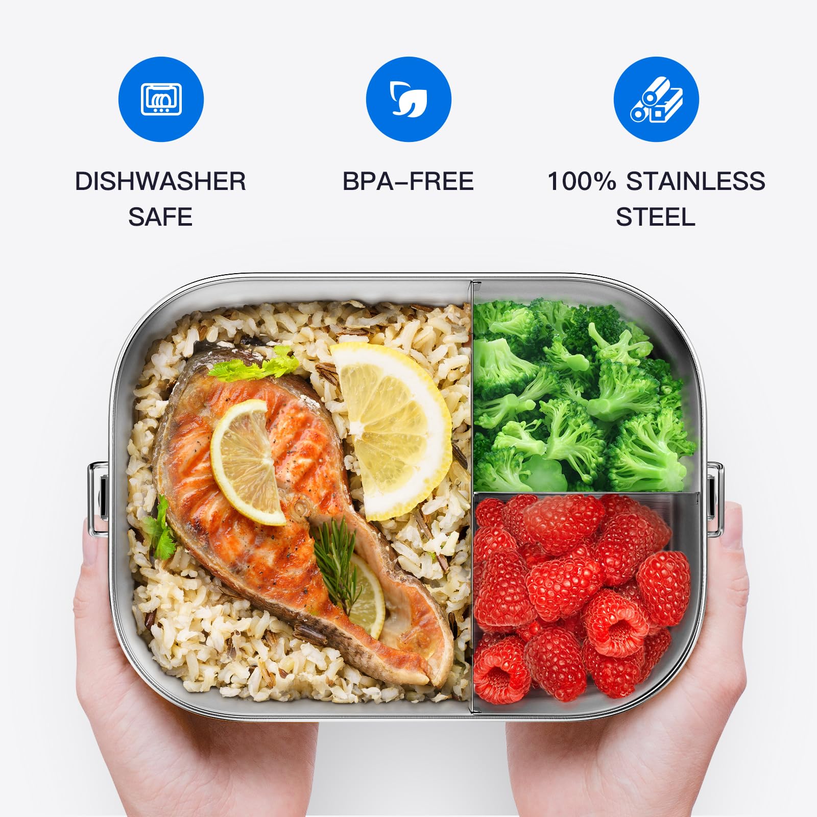 1400ML Edelstahl Bento Box für Erwachsene, 3-Fach Metall Lunchbox mit abschließbaren Clips, 1,332.4 g auslaufsicherer Lebensmittelbehälter für Arbeit, Reisen, spülmaschinenfest