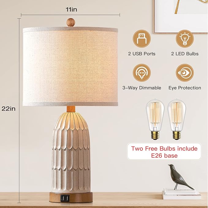Cinkeda Boho Table Lamps Set of 2, Farmhouse 3-Way Dimmable Touch Nightstand Lamp with 2 USB Charging Ports, White Vintage Bedside Lamp for Bedroom Living Room End Table (Bulbs Included) photo 6