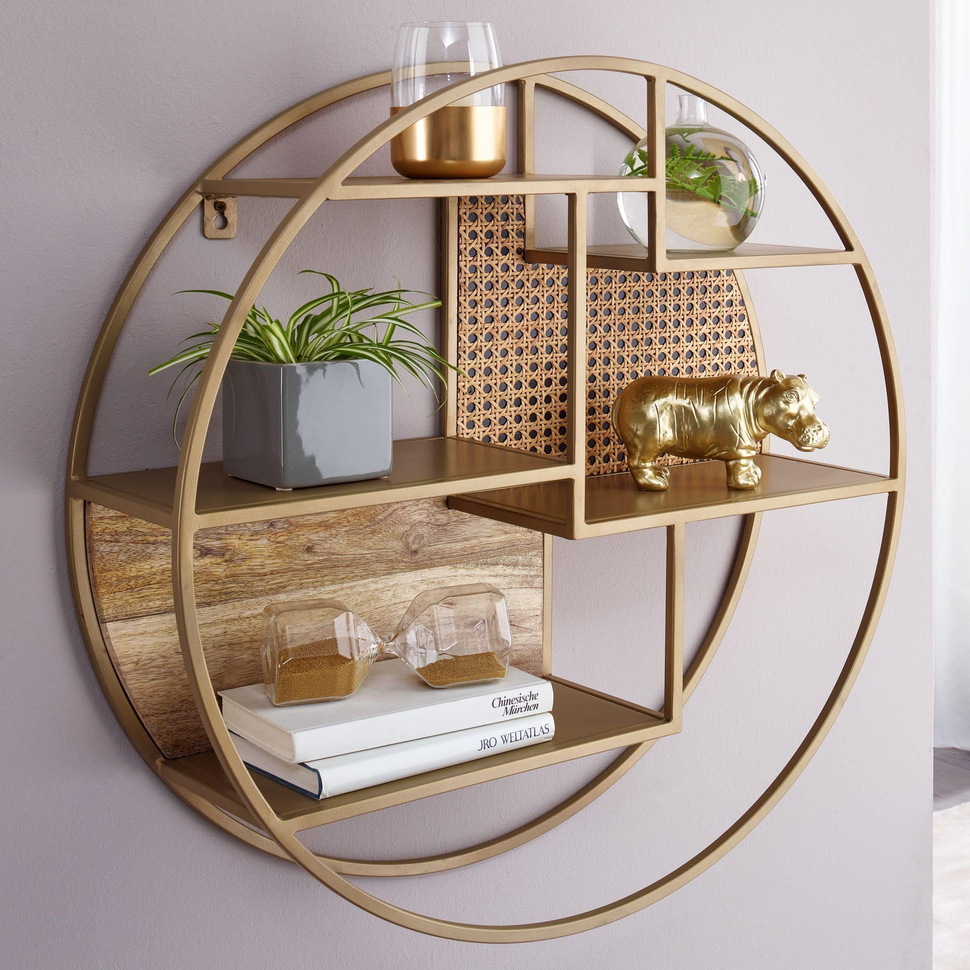 FineBuy Wandregal Rund 62x62x17 cm Massivholz Rattan, Hängeregal