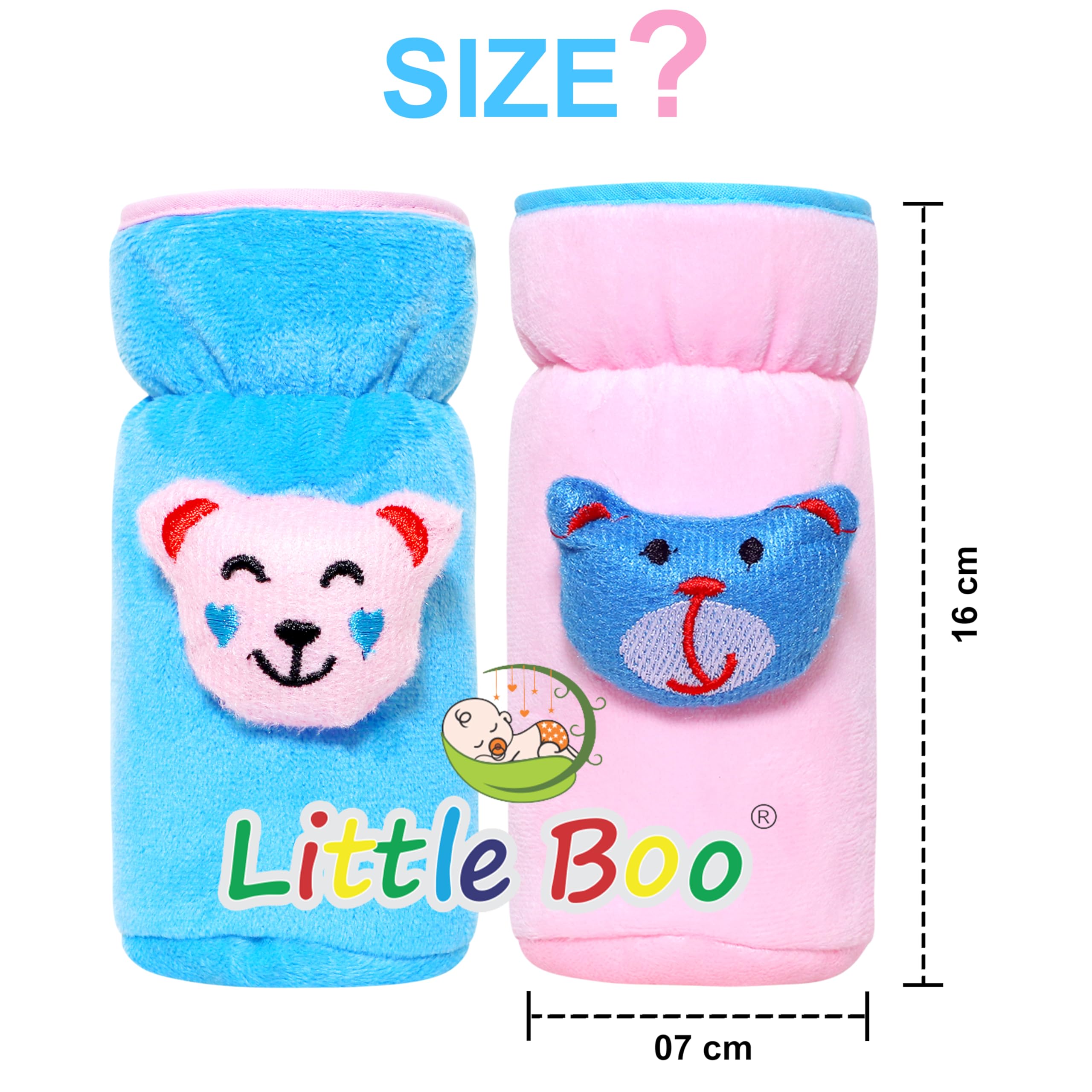 Little Boo Soft Plush Stretchable Baby Feeding Bottle Cover with Easy to Hold Strap | Cute Design Valvet Pack of 2 (Blue and Pink,Narrow Neck Fits Upto 150ml) - Image 4 thumbnail