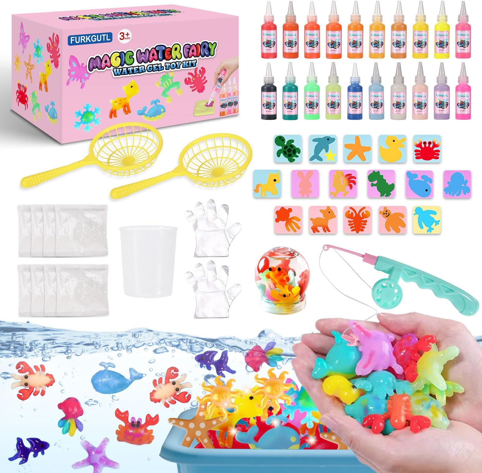 FURKGIJTL Magic Toys Water Gel Kit: 20 Colors Fairy Aqua Gel with Pearlized & Luminous Magic Paint - Handmade Creative Water Art Set with 16 Shape 3D Molds for Kid Birthday Party Gift