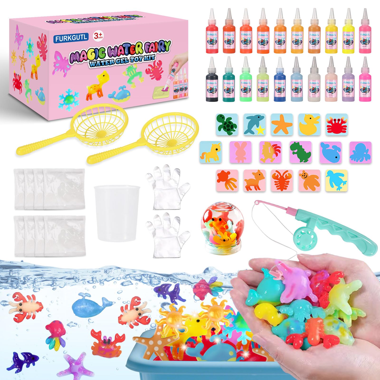 FURKGIJTL Magic Toys Water Gel Kit: 20 Colors Fairy Aqua Gel with Pearlized & Luminous Magic Paint - Handmade Creative Water Art Set with 16 Shape 3D Molds for Kid Birthday Party Gift