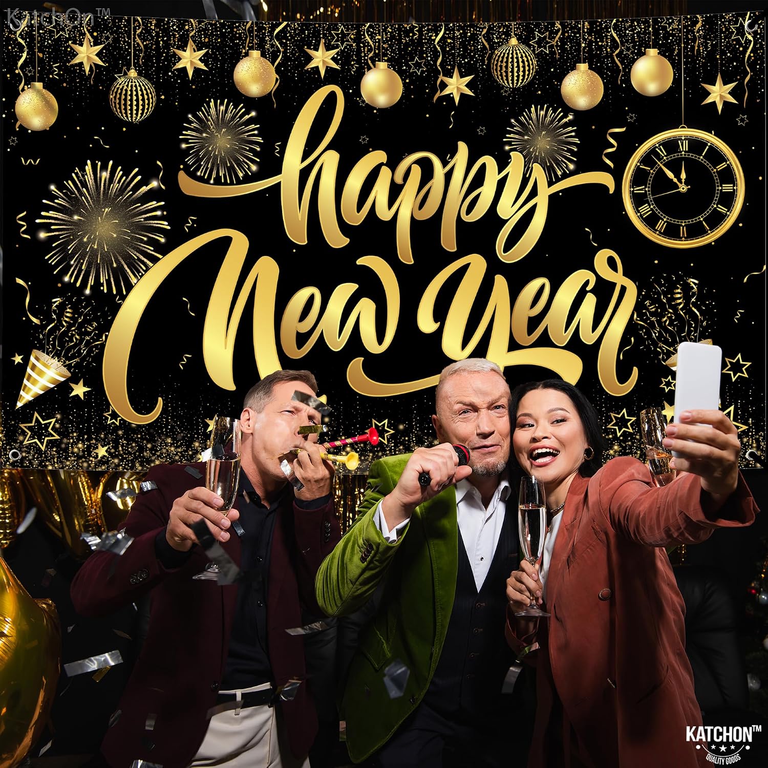 KatchOn, XtraLarge Happy New Year Banner - 72x44 Inch | Happy New Year Backdrop for New Years Decorations 2026 | NYE Eve Banner for NYE Decorations 2026 | New Years Eve Party Supplies 2026