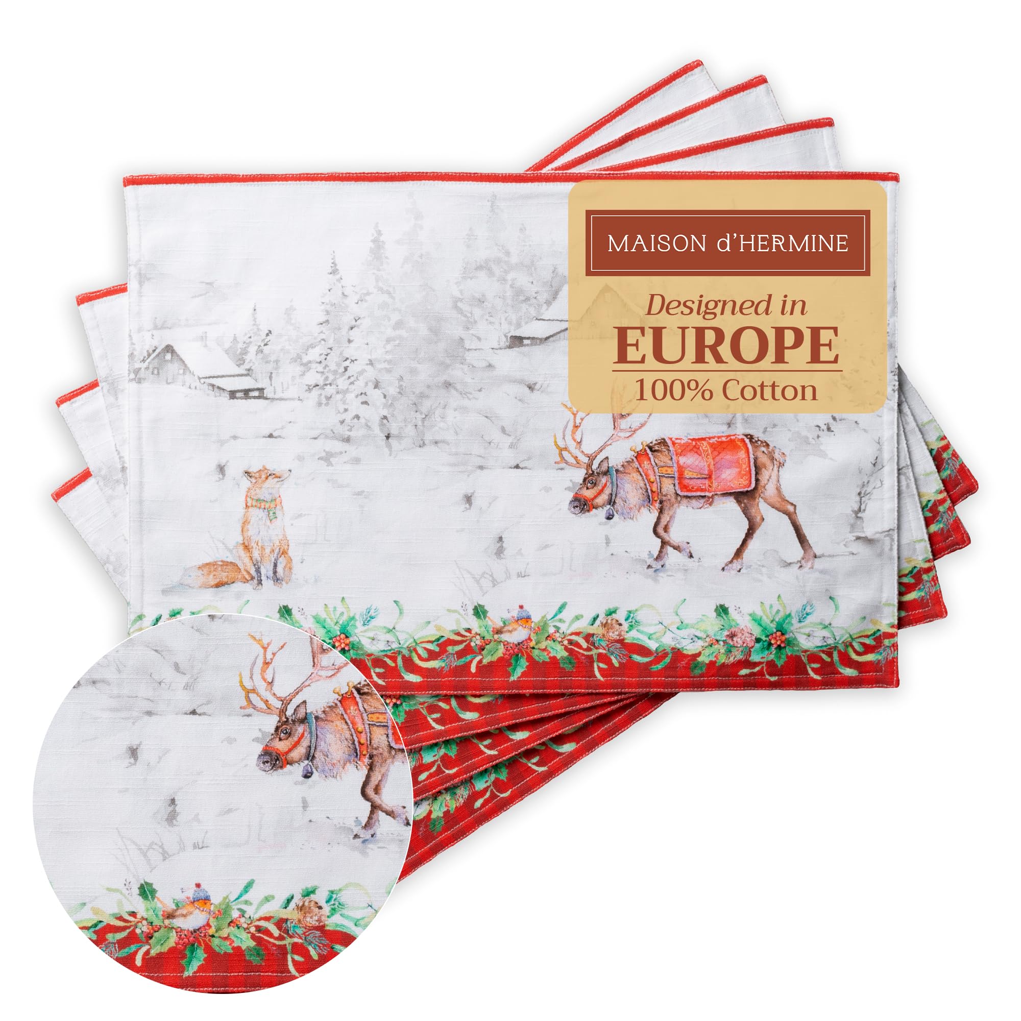 Maison D' Hermine Christmas Tradition Placemats Set Of 4 100% Cotton Washable Cloth Place Mats, Reusable Table Mats For Christmas Decorations Kitchen Dining Party Wedding Restaurant (, 33 Cm X 48 Cm)