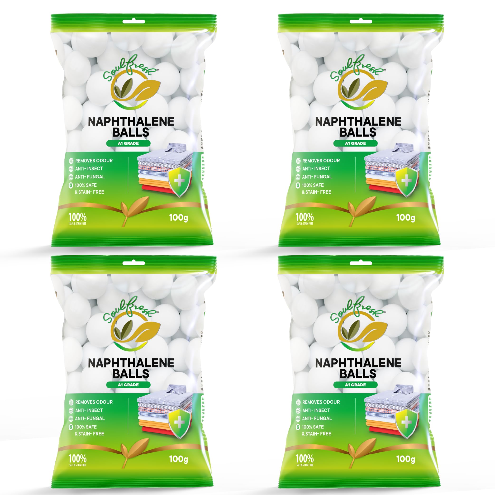 SOULFRESH Naphthalene Balls Kapoor Goli Stain-Free Insect Repellant Mothballs Sanitary Cubes for Commercial Use Cloth Wardrobe, Almirah, Bookshelves, & Drawers-Pack of 4 (Total 400gm)