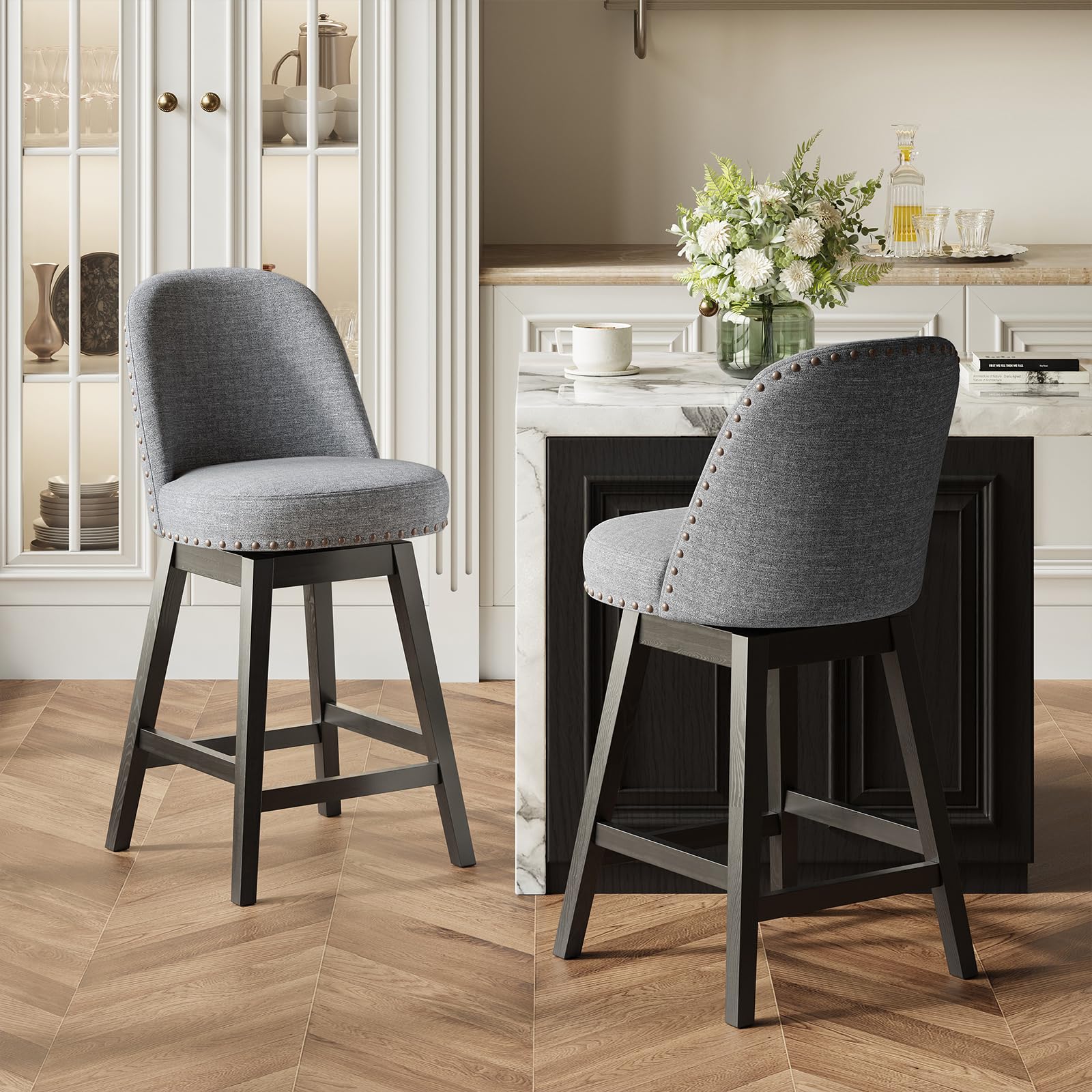 Swivel Bar Stools Set of 2 with Backs, 38.19 Counter Height Bar Chairs, Modern Bar Height Stools for Kitchen Island Mid Century Barstools Dark Grey