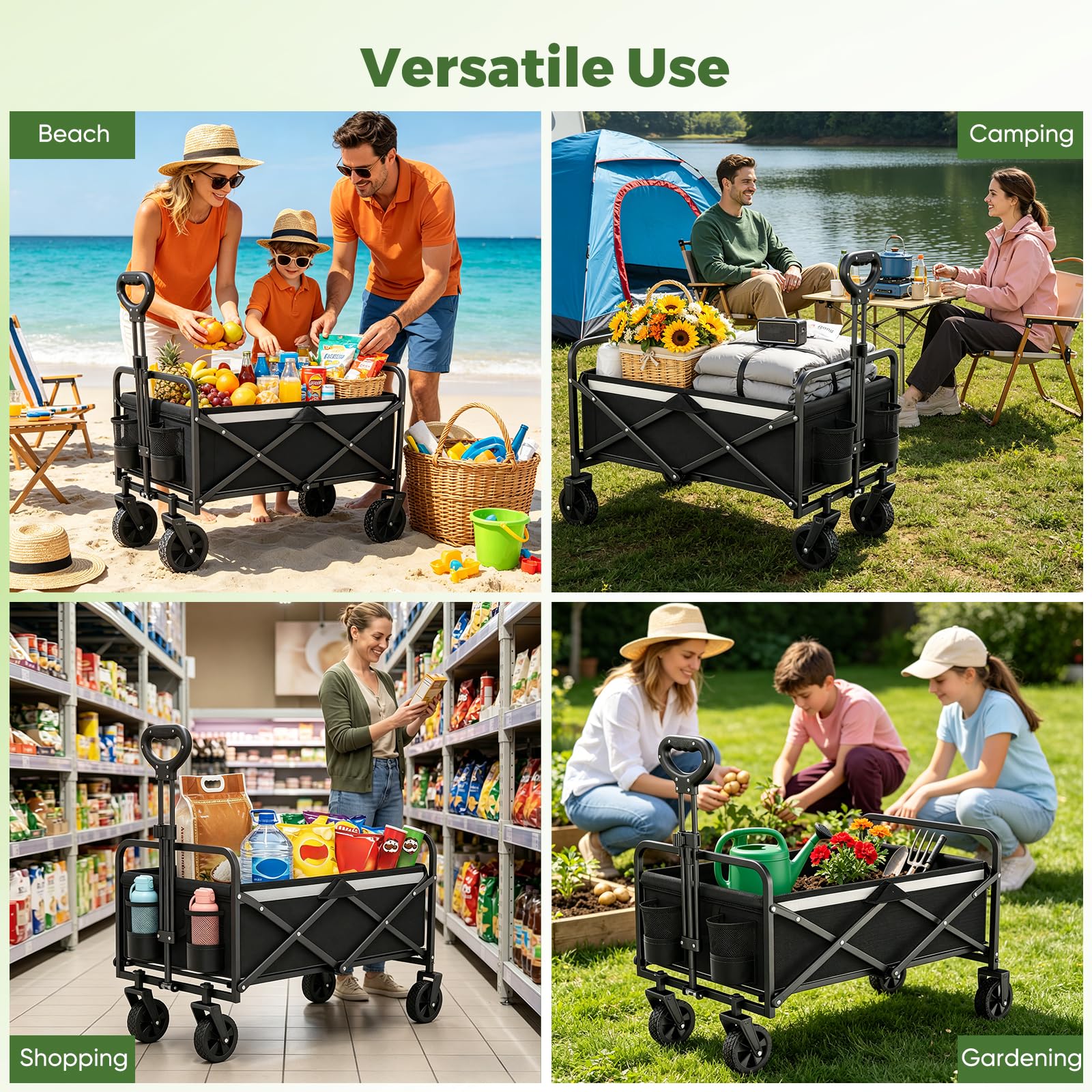 Carrello pieghevole da 70 l, tessuto Oxford 600D, carrello da giardino con ruote, manico regolabile, per campeggio, picnic, spiaggia