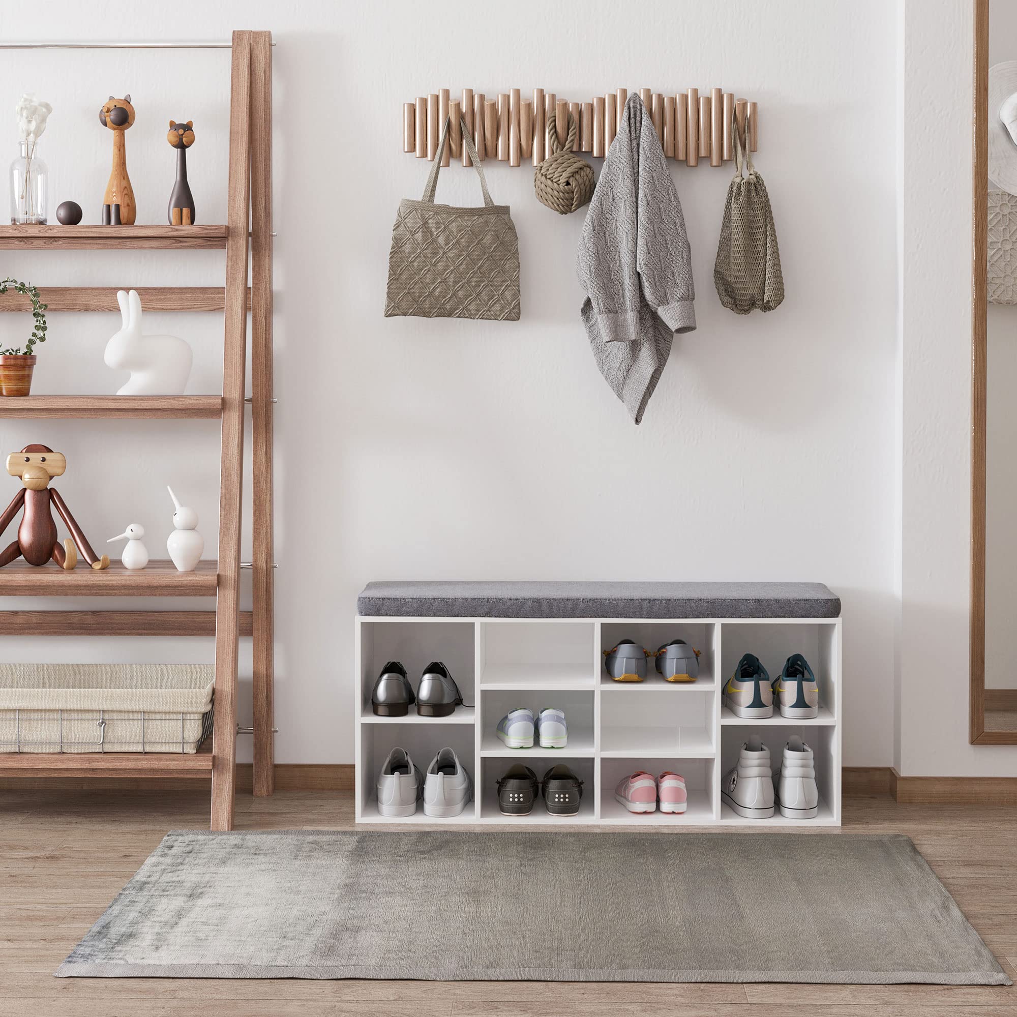 HOMCOM Scarpiera Panchina 8-10 Paia di Scarpe Bianco 104 x 30 x 48 cm | Scarpiera Bassa E Lunga, Ripiani Regolabili, Legno