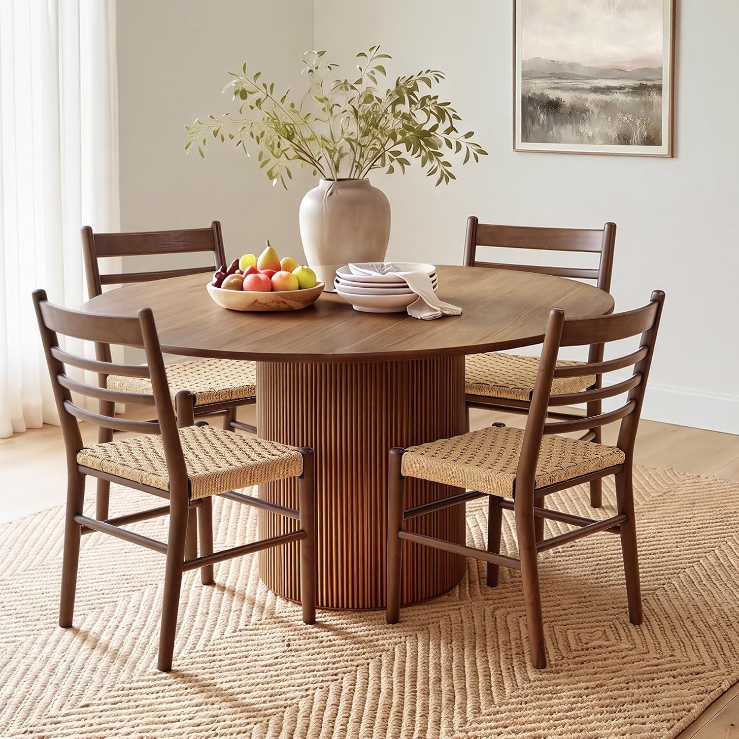 LUE BONA Dining Chairs Set of 4, Mid Century Modern Solid Rubberwood Ladder Back Wicker Chairs, Hand Woven Rattan Paper Rope Seat Side Chairs for Kitchen & Dining Room, Walnut