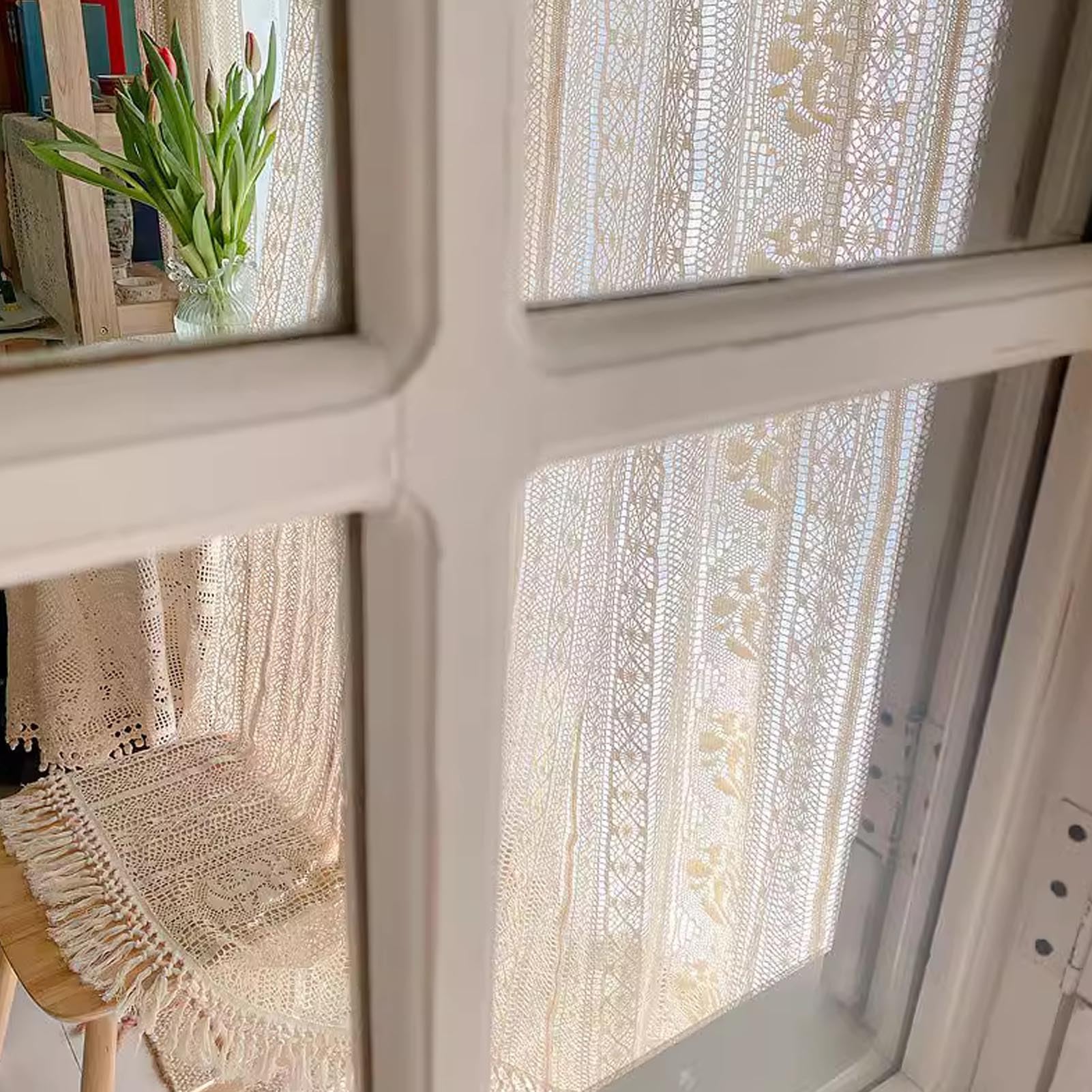 Rideau Au Crochet Boho Chic avec Glands, Rideau en Dentelle Brodée Florale de Ferme pour Chambre à Coucher et Salon, 1 Panneau