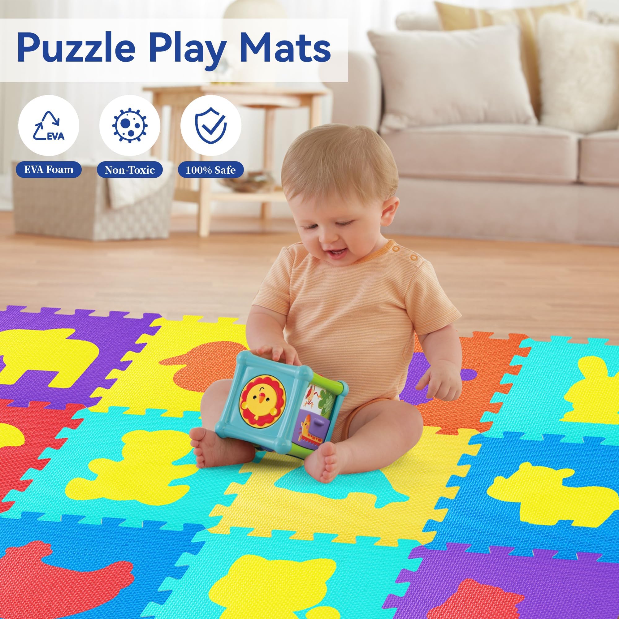 Tappeto Puzzle Bambini 16 Pezzi (120x120 cm) - Schiuma EVA Sicura | Motivi Animali Educativi | Antiscivolo | Impermeabile | Per Asilo/Casa