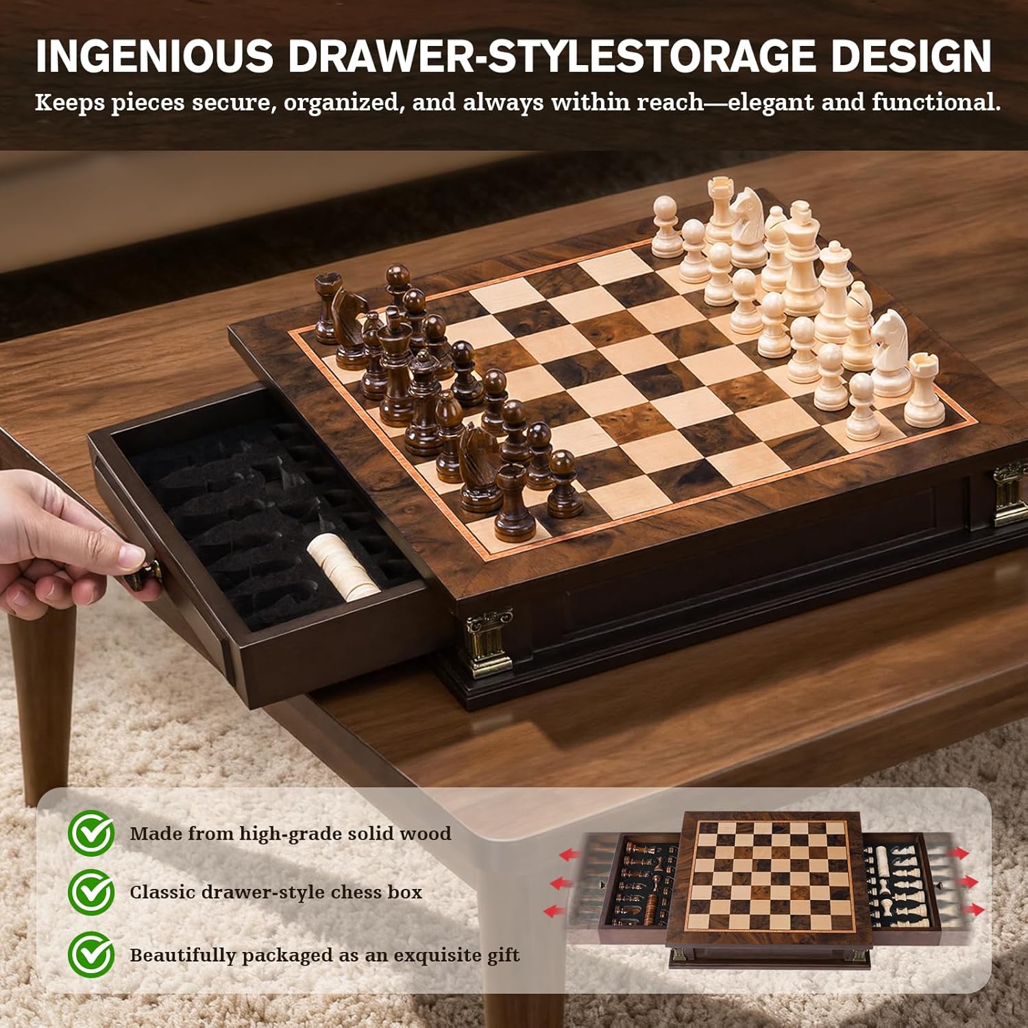 Peradix Magnetic Chess Set with 2 Built-in Storage Drawers, 12 inch Wooden Strategy Board Games, 2 Extra Queens, Travel Magnet Chess Game for Adults, Kids and Family Game Night, Gift Package