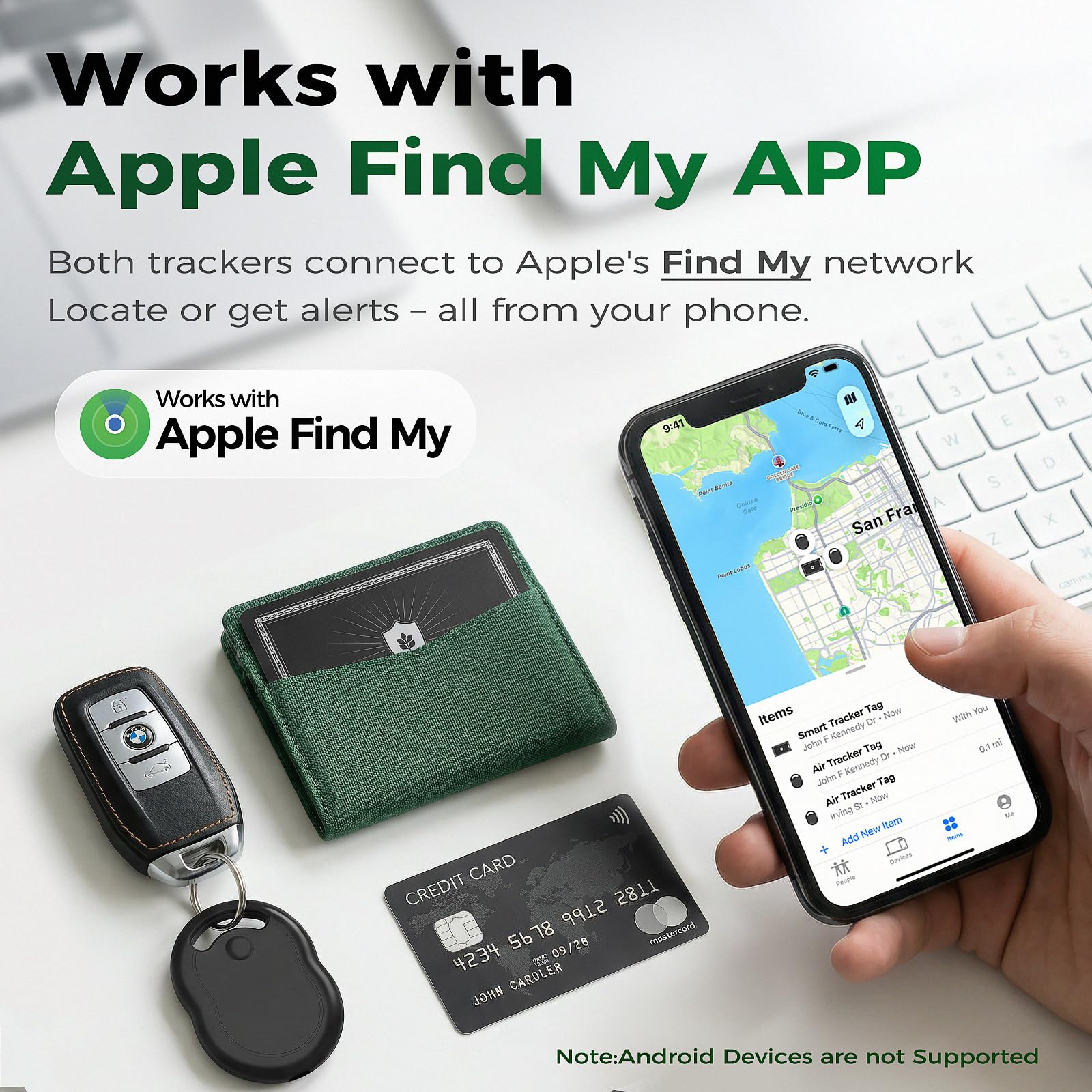 Lot de 3 cartes de suivi de portefeuille et étiquettes de suivi d'air, ultra fines de 0,2 cm, compatible avec Apple Find My (iOS uniquement), localisateur d'articles rechargeable pour clés