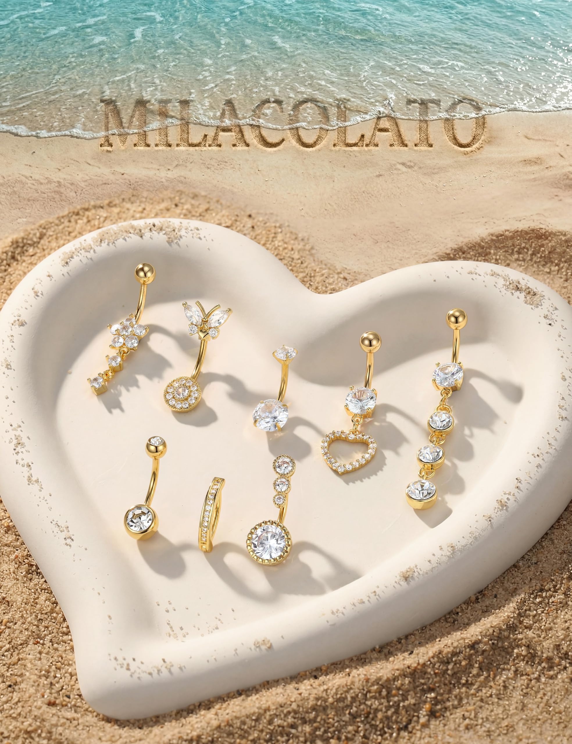 MILACOLATO 8Pcs Perforador de Ombligo de Acero Quirúrgico, Clicker Flor Corazón Mariposa Colgante Ombligo Anillos de Ombligo Set para Mujeres Niñas