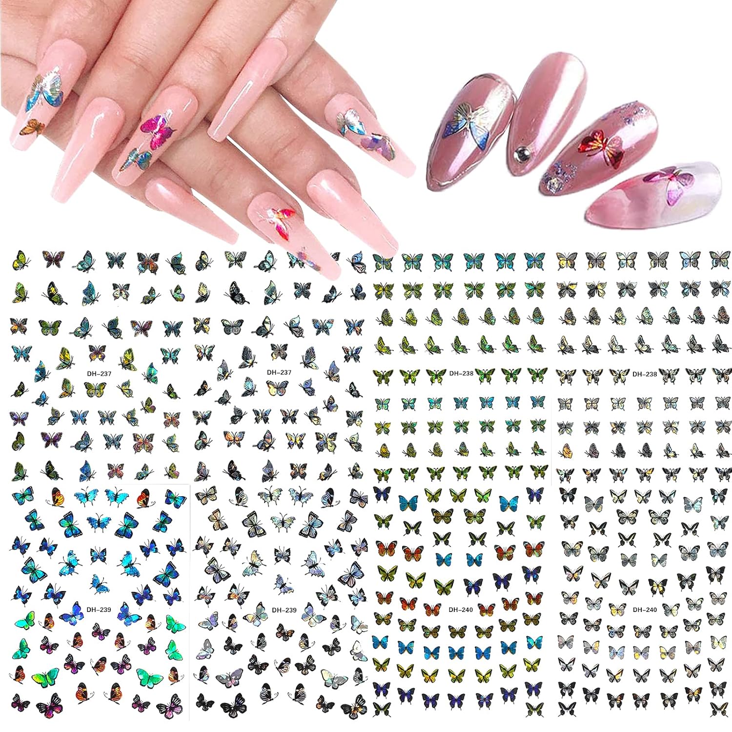8 Sheet Nail Art Sticker,Nail Stickers Laser Color Butterfly Nail