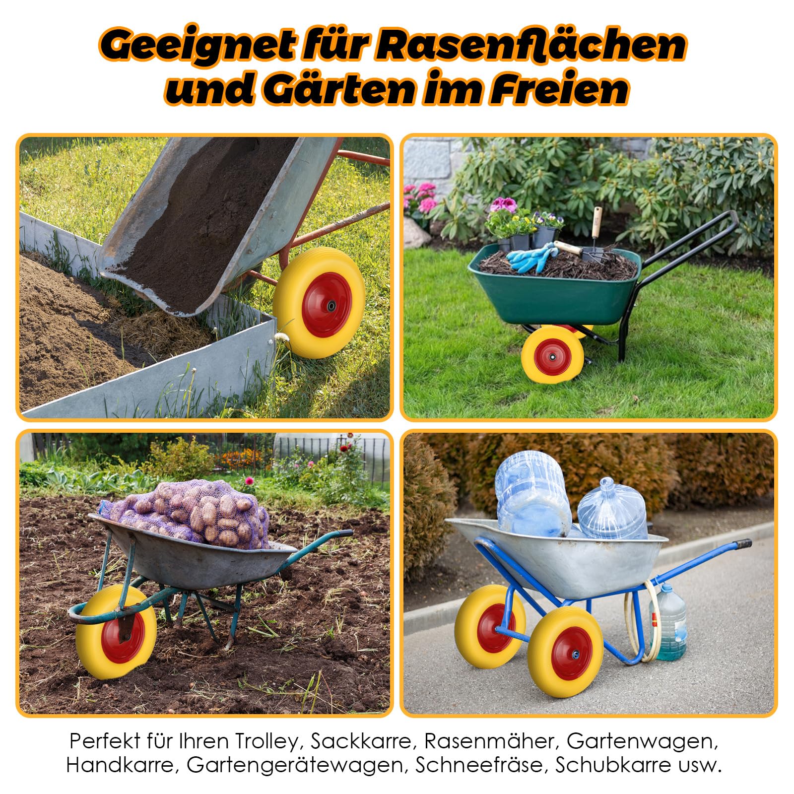 4er Set Ersatzräder 4.80/4.00-8 Vollgummi gelb-rot | 4 Vollgummi-Räder Ø 390 mm, 4PR, bis 200 kg Tragkraft, für Sackkarre, Gartenkarre und Handwagen.