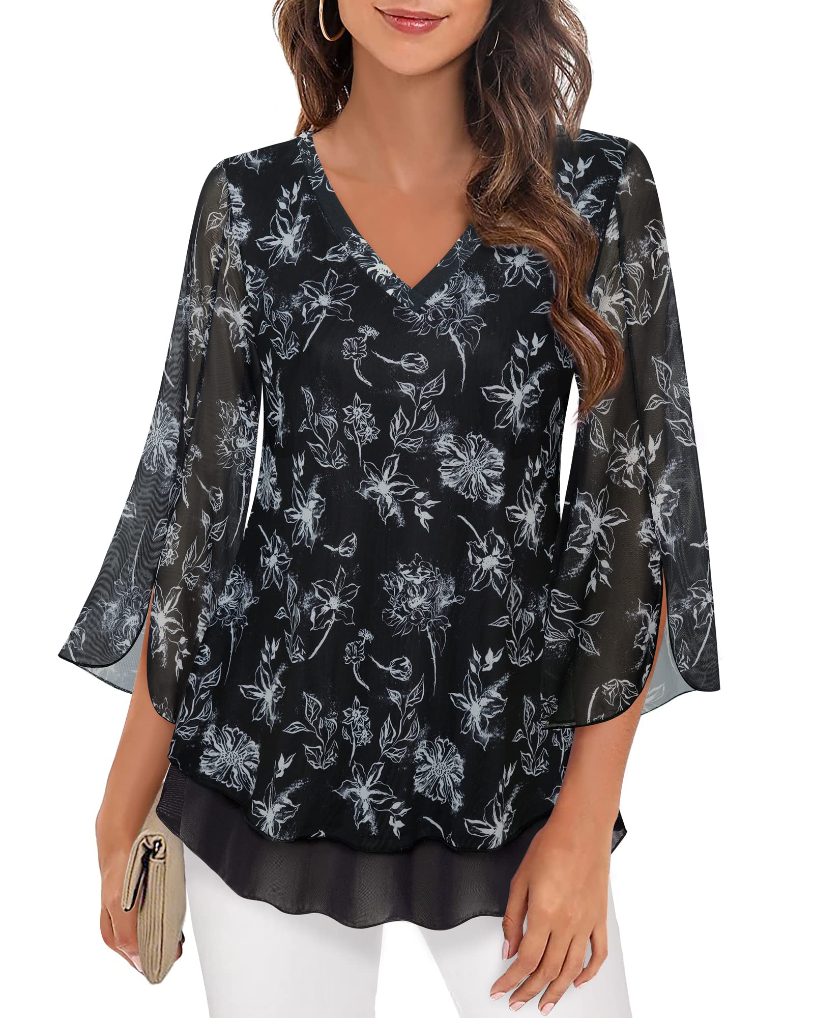 Timeson Women's 3/4 Sleeve Floral Blouses Shirts Double Layers V Neck Dressy Tunics Tops