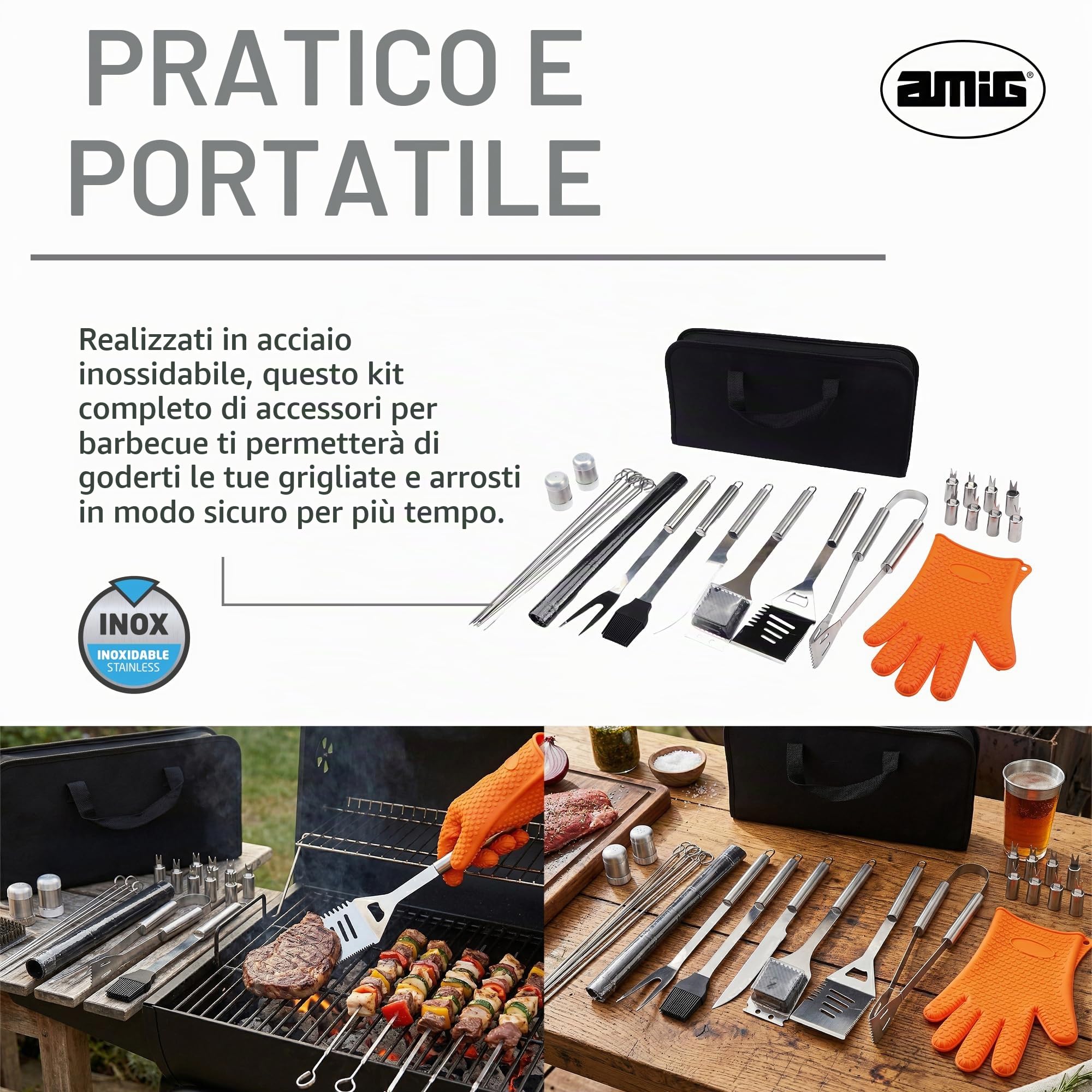 Amig - Kit 28 Accessori per Barbecue - 39 x 19 x 6 cm - Acciaio Inossidabile - Set Completo di Utensili - Accessori Pratici e Presentazione Curata per Regalo - Mod. AM18