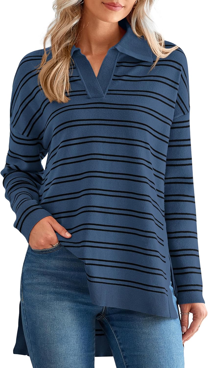 mascomoda womens sweaters fall 2025 oversized striped sweater long sleeve polo v neck loose side slit knitted tunic tops dark blue small