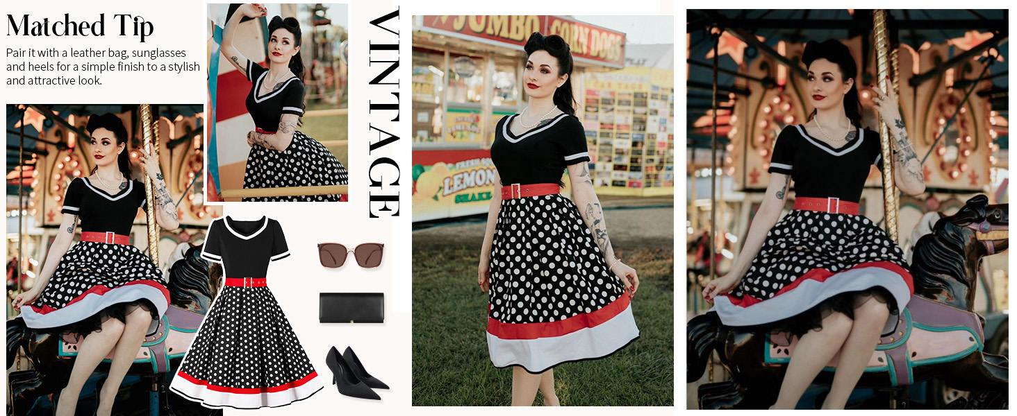 Women 1950s Vintage Polka Dot Cocktail Swing Dress with Belt 50s