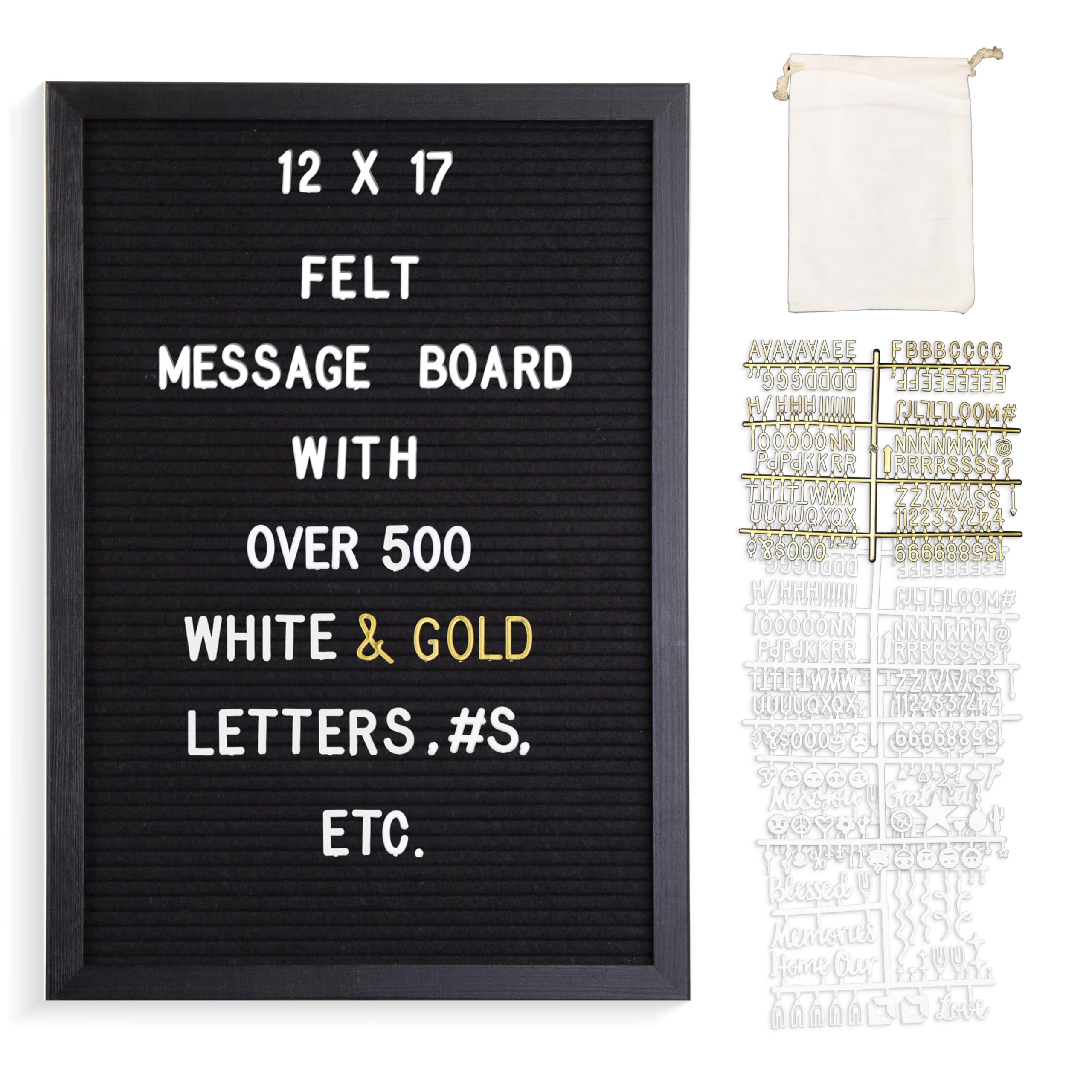 Real Wood Framed Felt Letter Board, Changeable Message Board, 12" x 17", Folding Stand and Wall Mount, 500+ Pieces of White & Gold Letters, Numbers &Words, by Better Office Products (Black/Black)