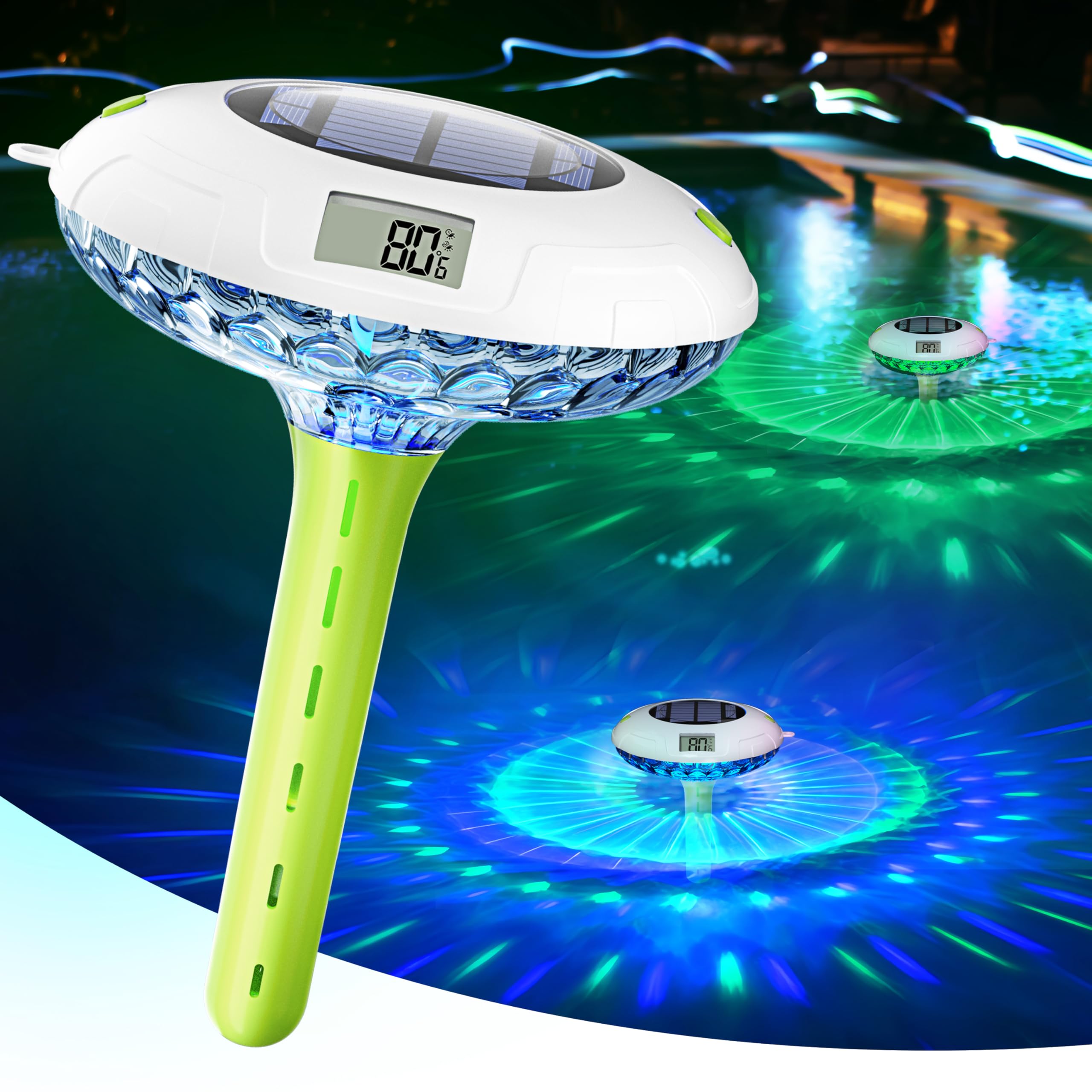 BALDR Termómetro de piscina flotante de fácil lectura, termómetro solar para estanques con 8 modos de color RGBW, pantallas digitales duales e impermeable IPX7 para estanques, jardines acuáticos y