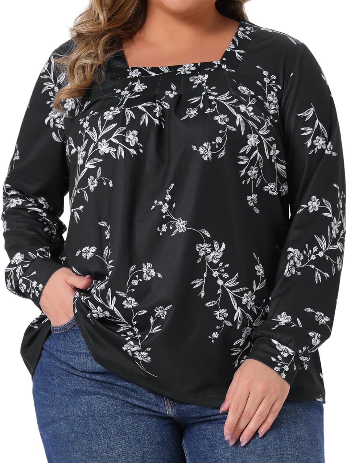 Agnes Orinda Plus Size Floral Print Tops for Women Square Neck Long Sleeve Pleated Tunic Dressy Casual Blouses - Image 2
