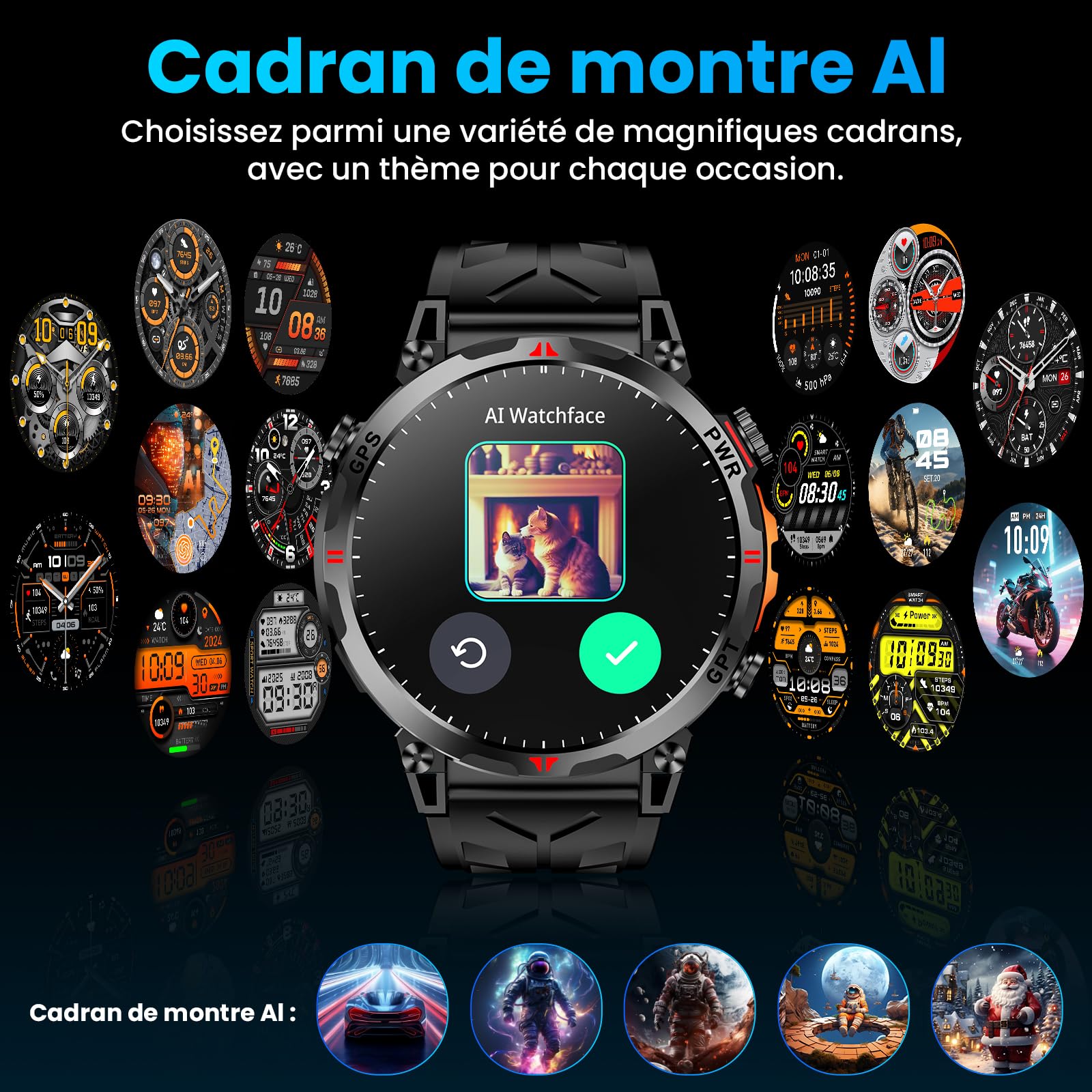 Montre Connectée Homme Militaire 1,56", avec GPS / AI Cadran / Vocal GPT | Boussole/Appel Bluetooth/Détection Pression de Fréquence Cardiaque, Compatible avec Android et iOS, 100 + Modes Sportifs GPS