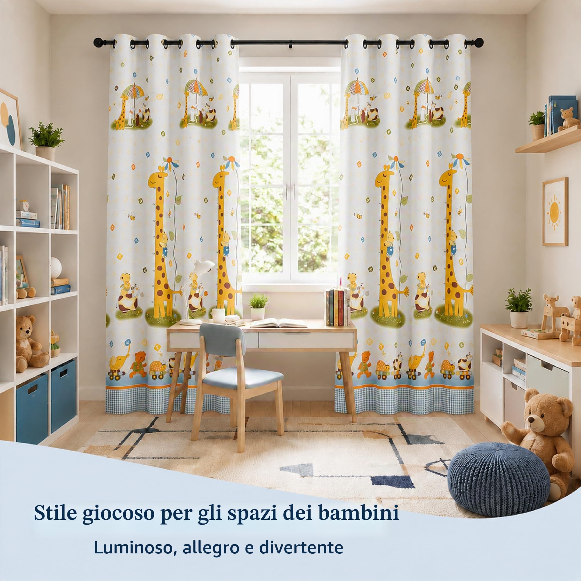 VKZ Set 2 Tende per Cameretta Bambini con Occhielli, Pannelli Tenda Filtranti per Camera da Letto Bambini e Finestra, Fantasia Giraffa Animali Trenino