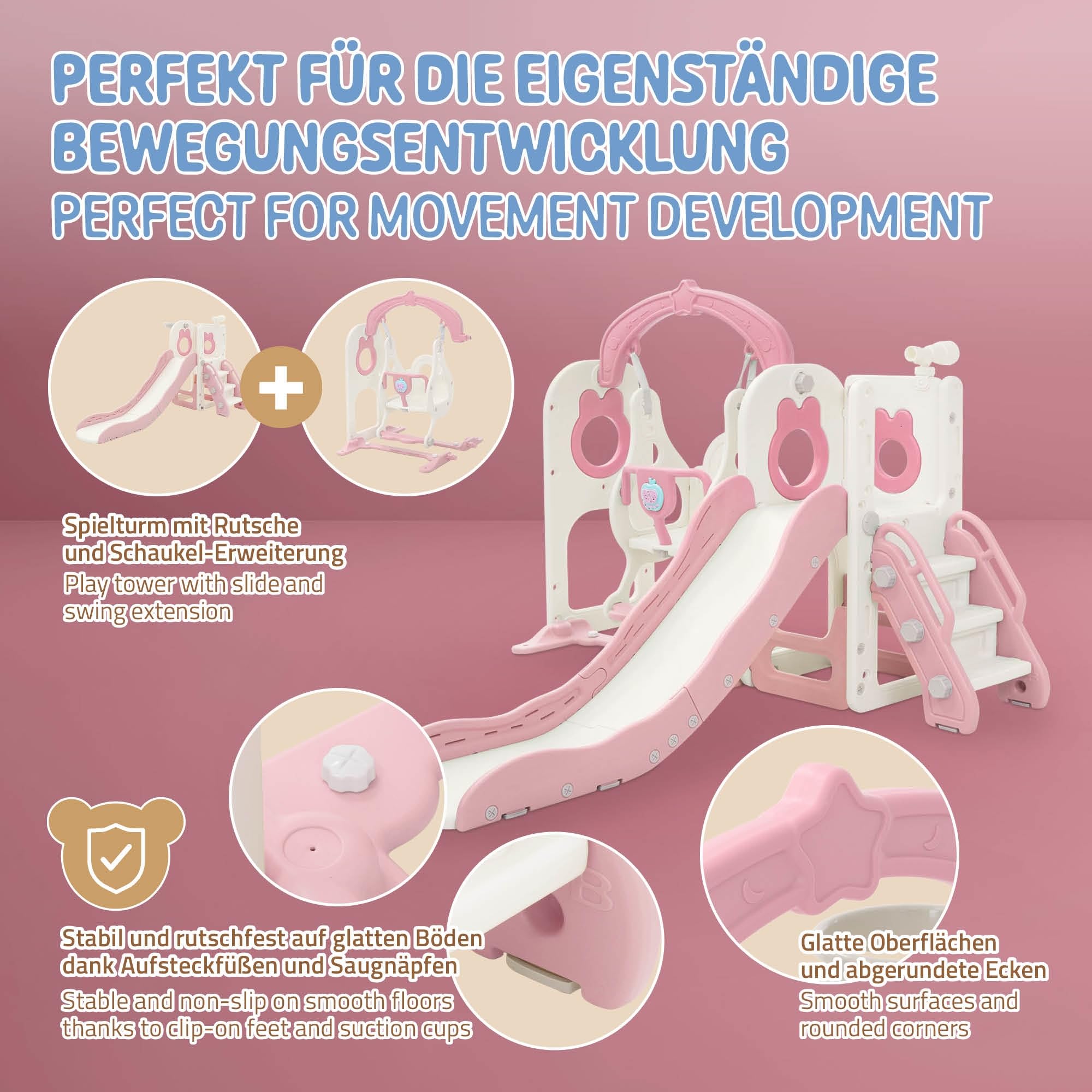 Joyz Scivolo e Altalena per Bambini 5 in 1, Parco Giochi Interno ed Esterno, con Scala da Arrampicata, Canestro da Basket e Telescopio, Centro Attività, Set da Gioco con Scivolo Rosa/Bianco da 3 Anni