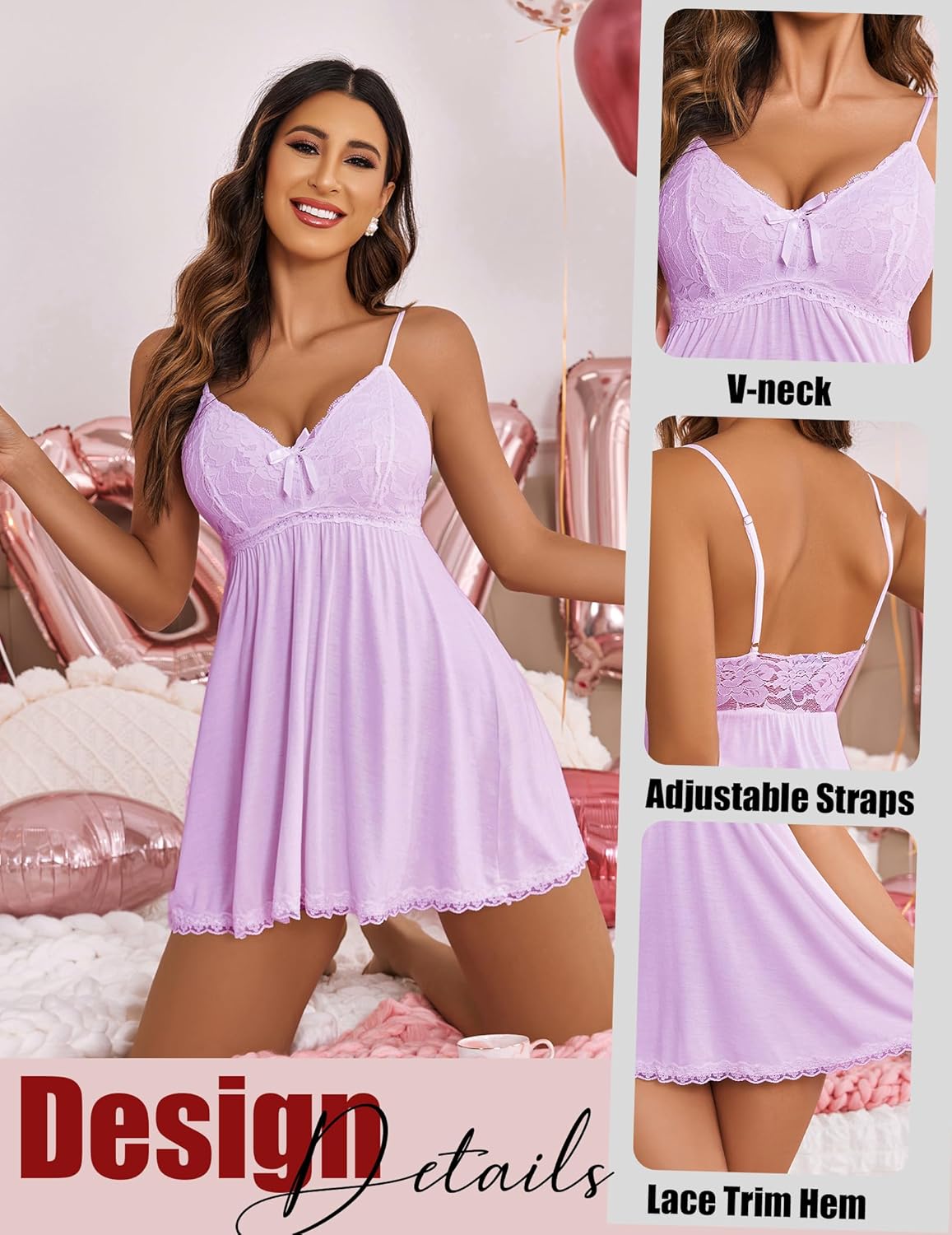 Avidlove Women Nightgown Sexy Sleepwear Lace Chemise V-neck Modal Babydoll Lounge Dress
