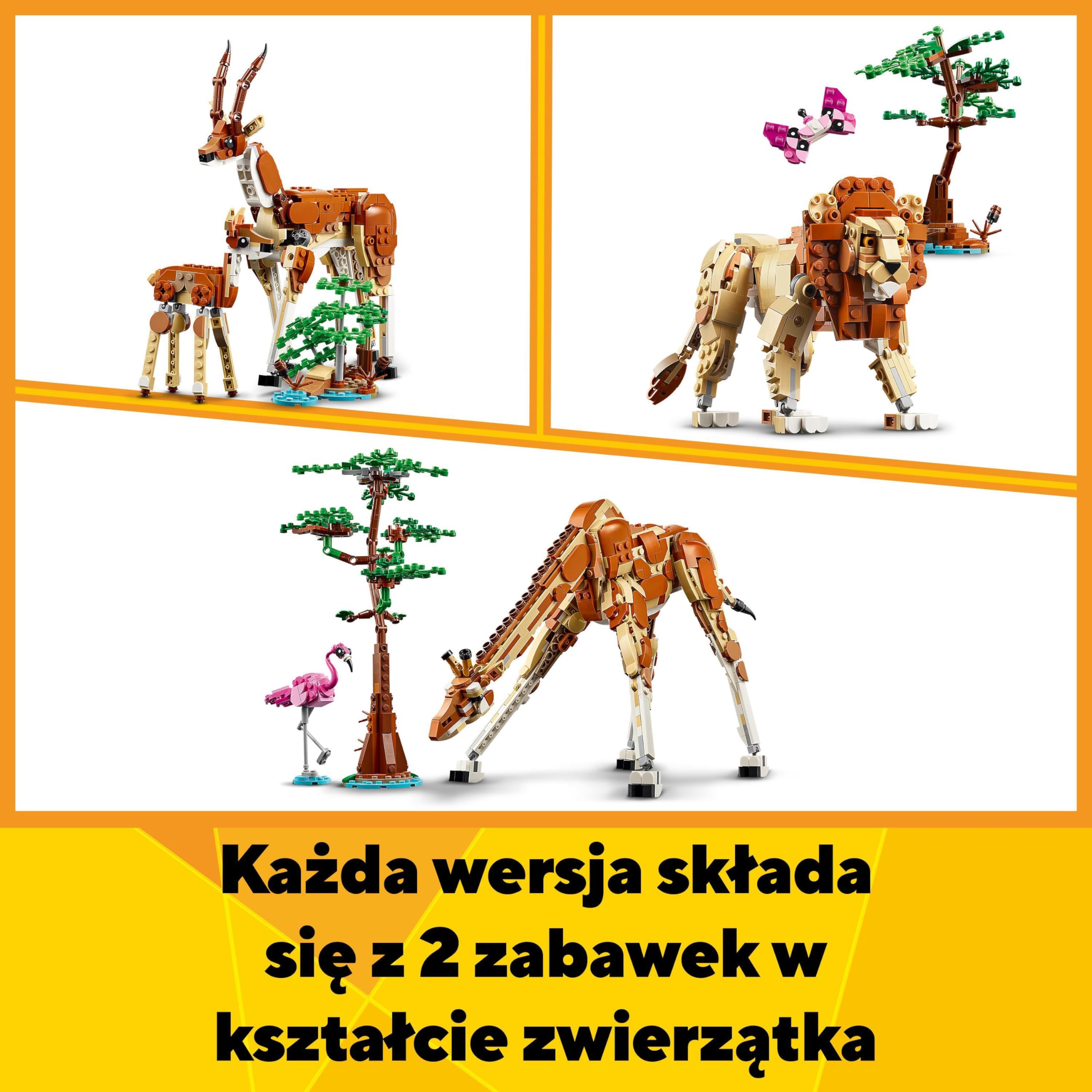 LEGO Creator 3 w 1 Dzikie zwierzęta z safari 31150 | Zestaw klocków konstrukcyjnych, figurka żyrafy do przebudowy na lwa lub gazele, prezent dla dzieci od 9 lat, 780 elementów