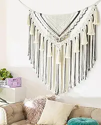 Jakalin Macramê para pendurar na parede cinza pequeno macramê painéis de decoração de parede arte de parede artesanal decoração de quarto sala de estar, 78,7 cm L x 99 cm C