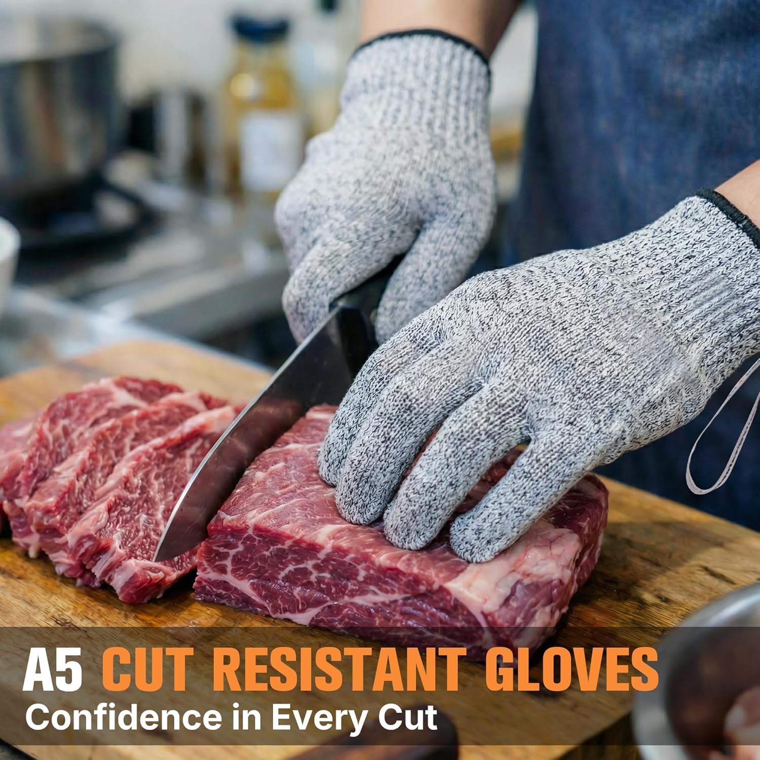 Safe & Savvy Cut Resistant Gloves, 1 Pair, Level 5 Food-Grade & Fiberglass-Free Mandoline Gloves for Oyster Shucking & Meat Cutting, Wood Carving Gloves, Grey, Machine Washable (Large)