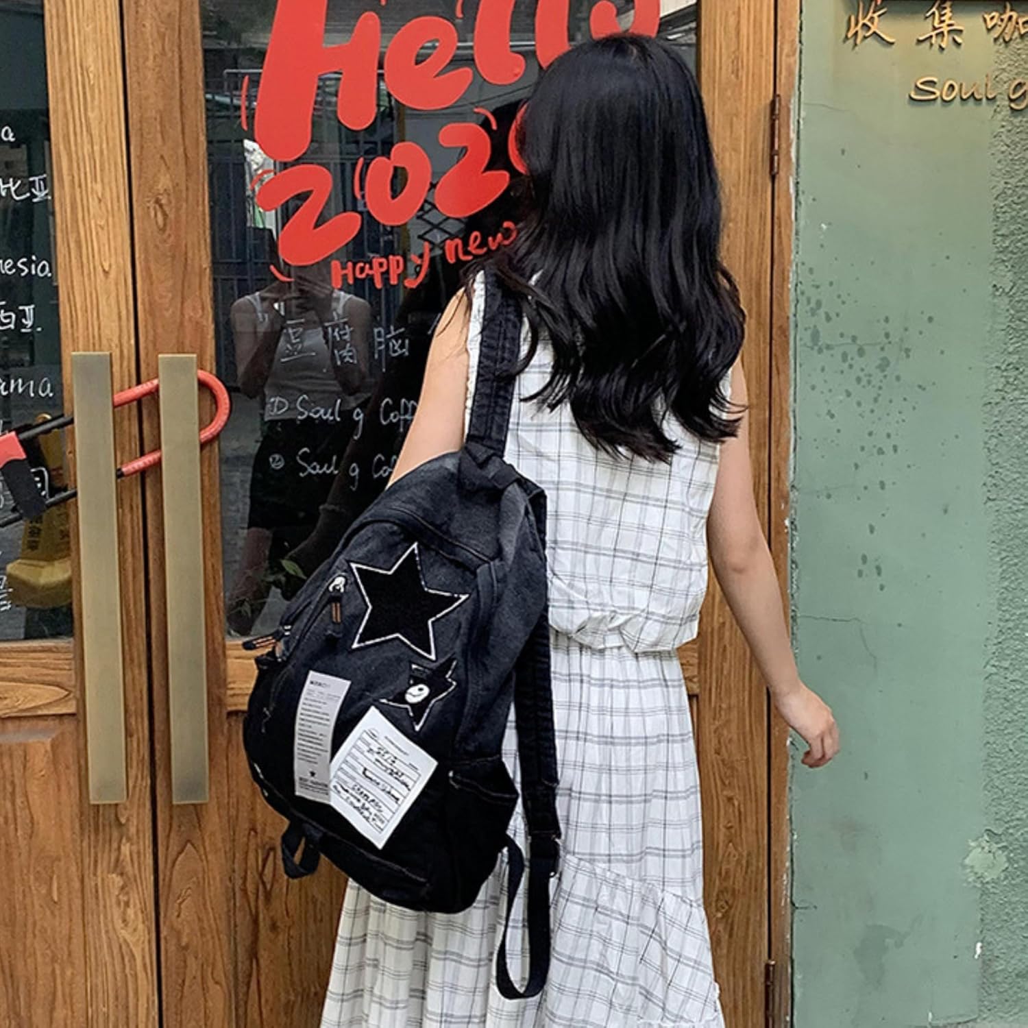 Vintage Y2K Grunge Backpack - Gothic Star Denim Bookbag with Stars, Cute Aesthetic Emo Backpack for Women & Man,Alternative (【Black】) - Image 3