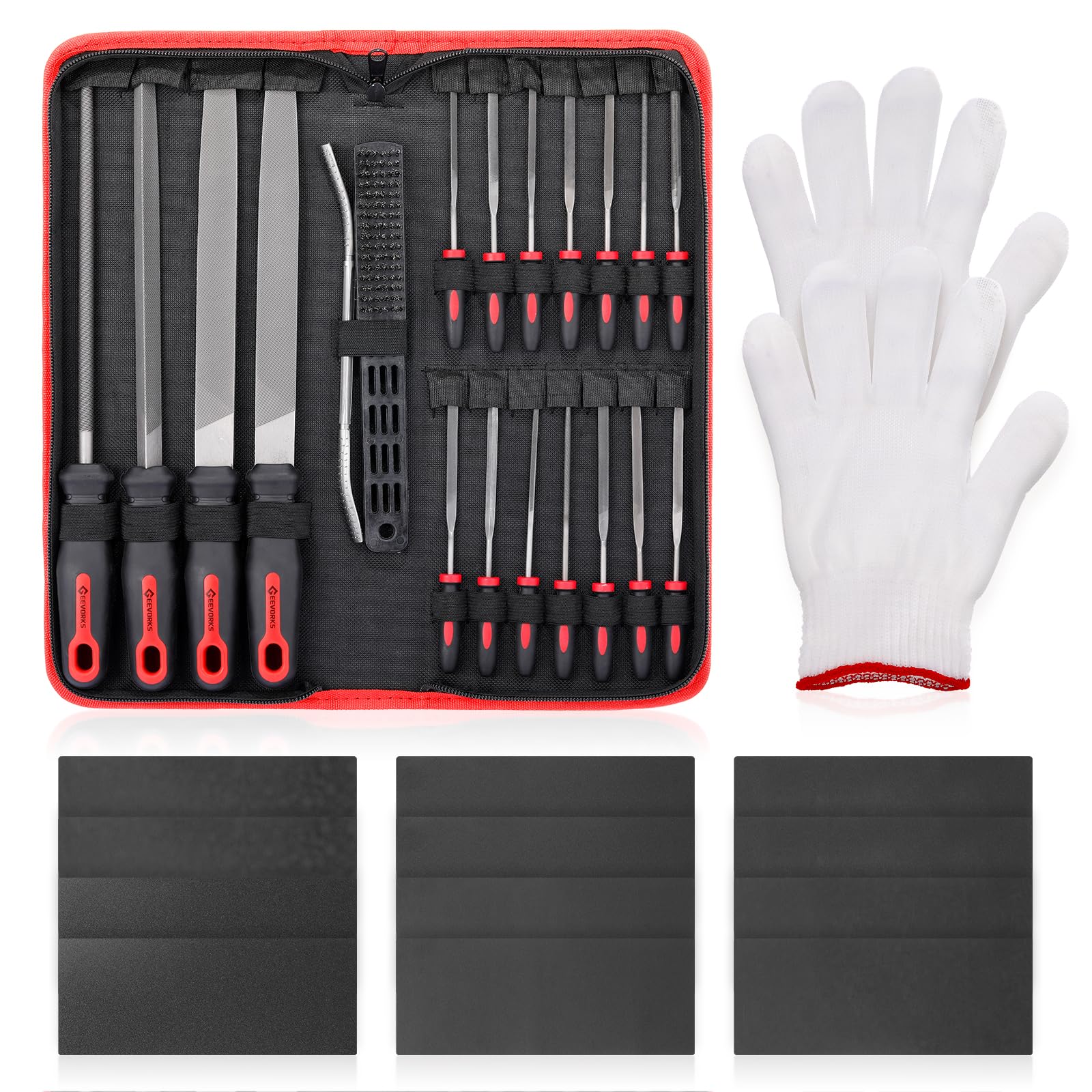 Geevorks Set di lime e scofini, 33 pezzi, set di lime per metallo, 14 lime piccole, 4 lime grandi, 1 spazzola di pulizia, 1 lima di legno, per lucidare legno e metalli