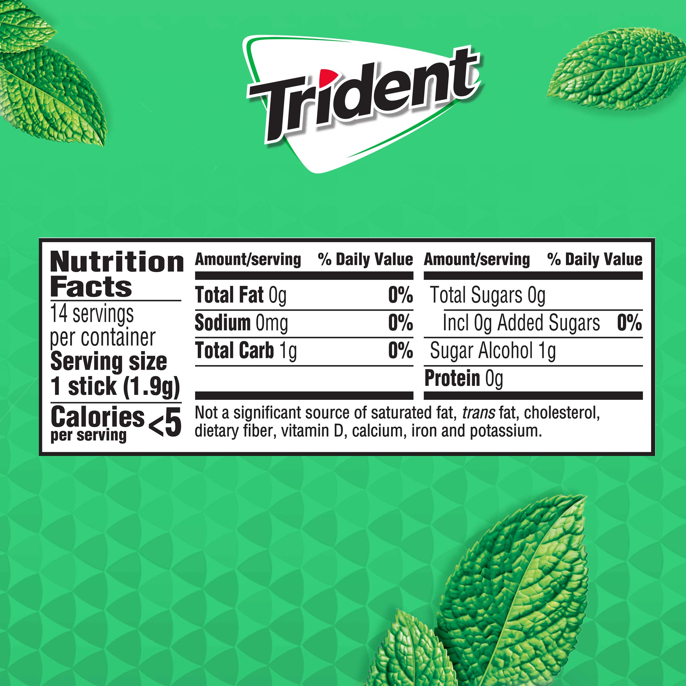 Trident Gomme à mâcher sans sucre à la menthe verte, menthe verte, 12 paquets de 14 (168 au total)