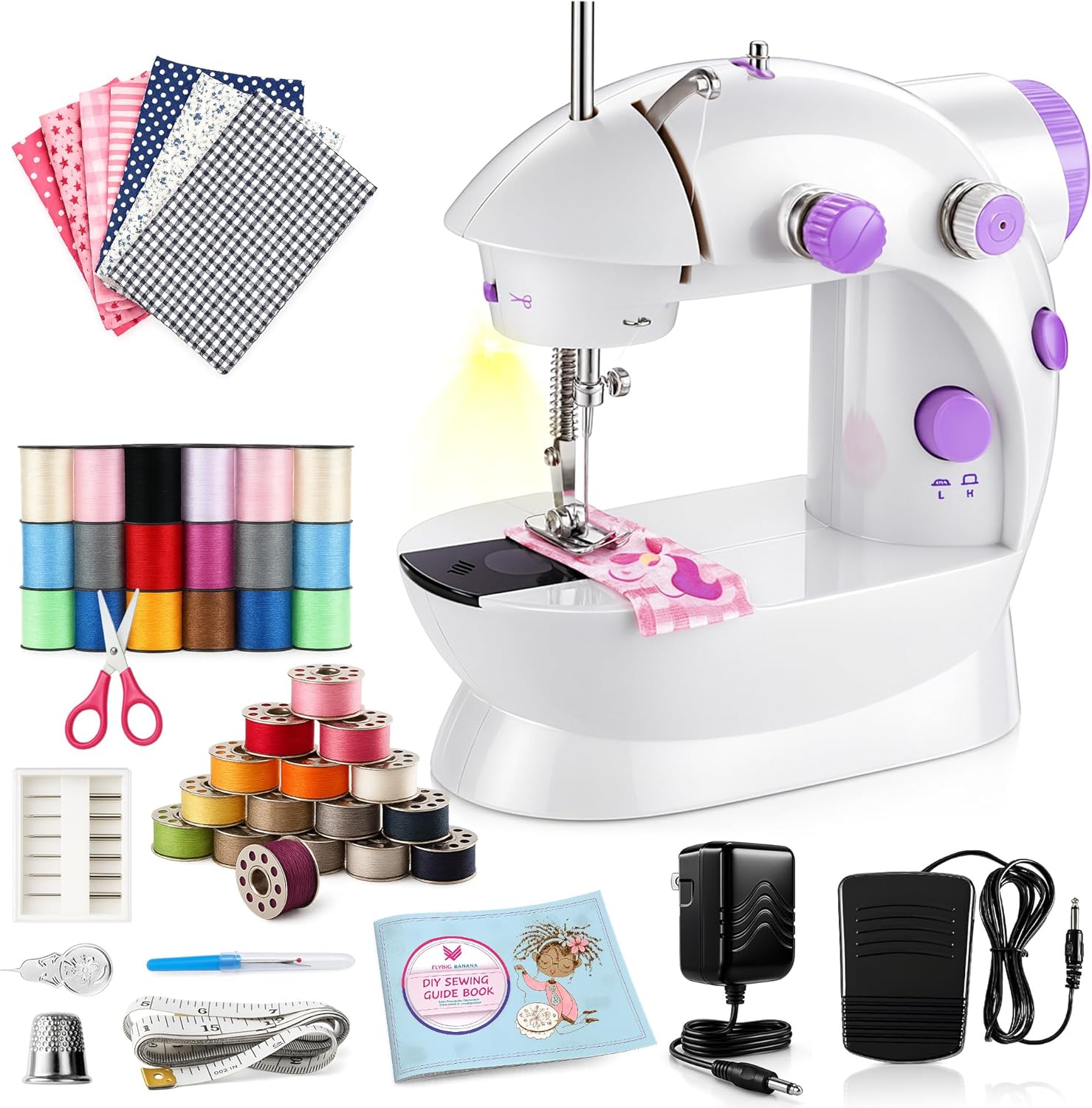 Flying Banana Portable Dual Speed Electric Sewing Kit for Beginners with Extension Table, Mini Sewing Machine with Light, Foot Pedal & Accessories for Household Travel DIY Crafts Repair, White