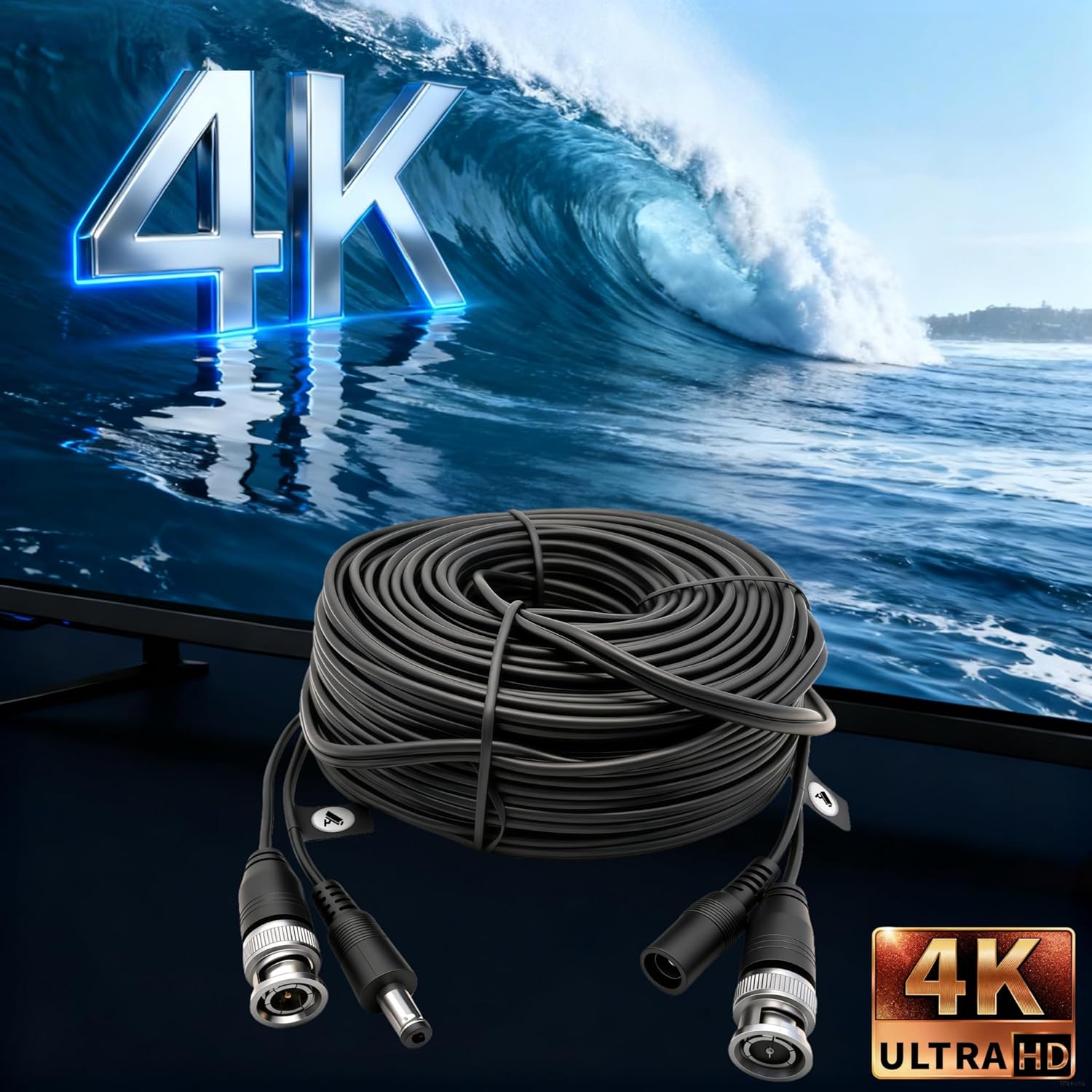 2 Pack 33ft (10M) 4K Ultra HD BNC Video Cable Wire, Security Camera Extension Cable, All-in-One Siamese CCTV Power Cable for DVR System, Includes 4 BNC Connectors & 100 Cable Clips