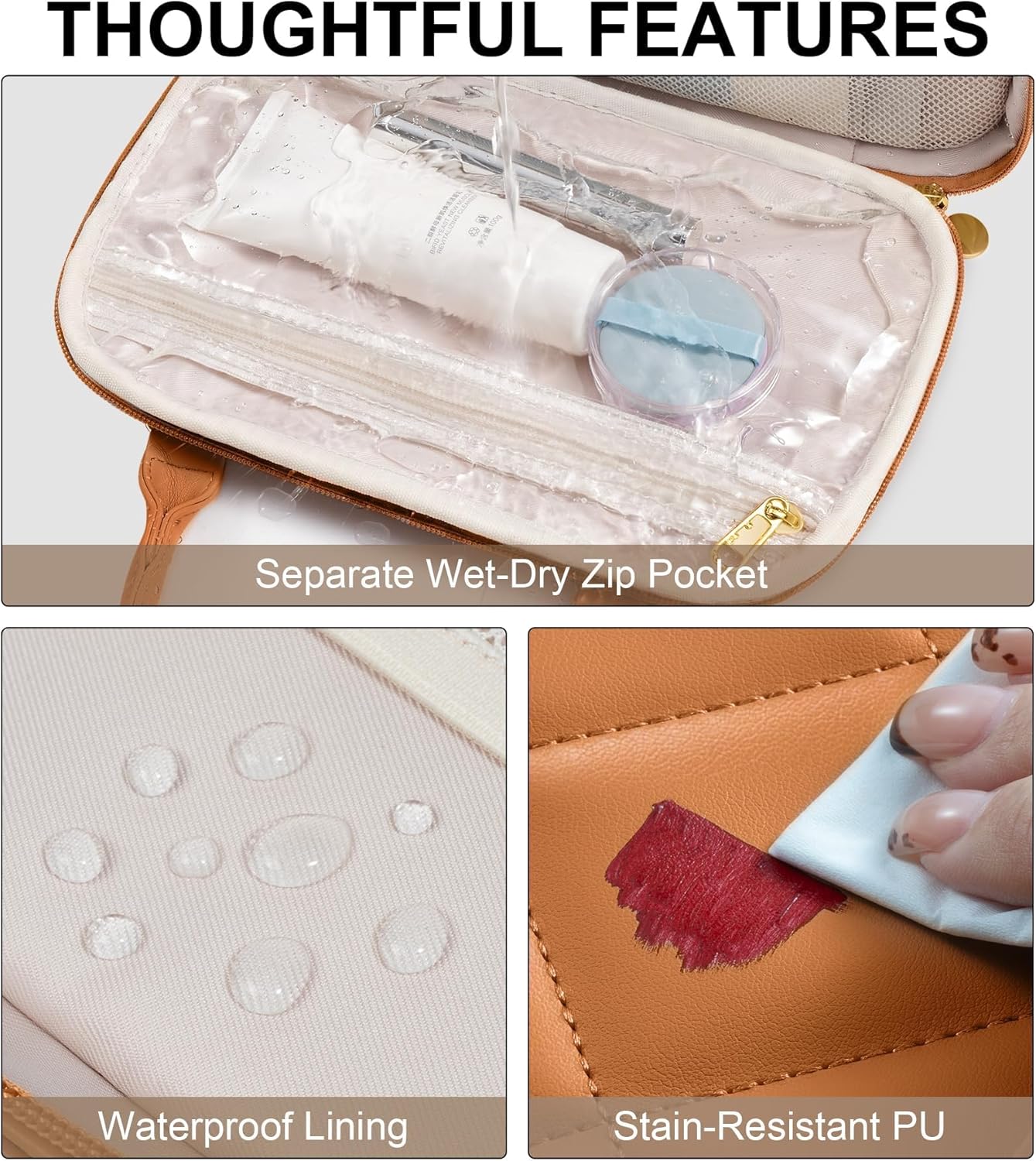 Travel Makeup Bag, Large Capacity Quilted Toiletry Bag for Women Stand-up Cosmetic Bag Open Flat Make Up Case Organizer Portable Pouch Purse w/Handle for Traveling Accessories, Brown - Image 7