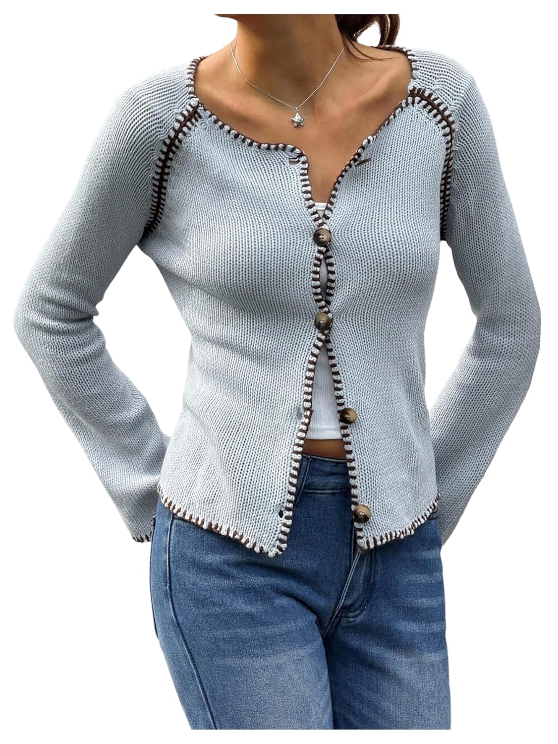 MakeMeChic Womens Long Sleeve Cardigan Contrast Binding Button Down Knit Lightweight Sweater