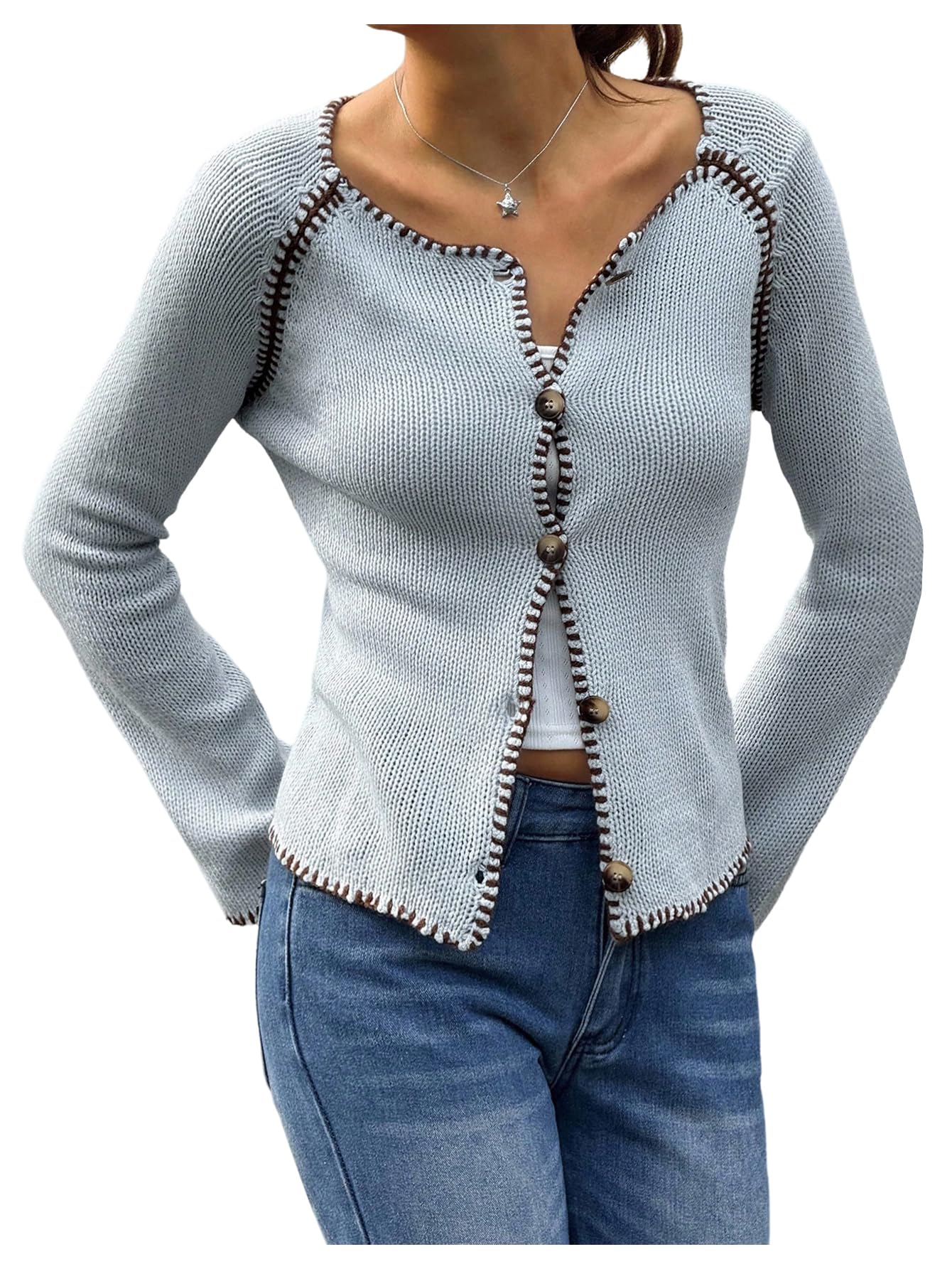 MakeMeChic Womens Long Sleeve Cardigan Contrast Binding Button Down Knit Lightweight Sweater
