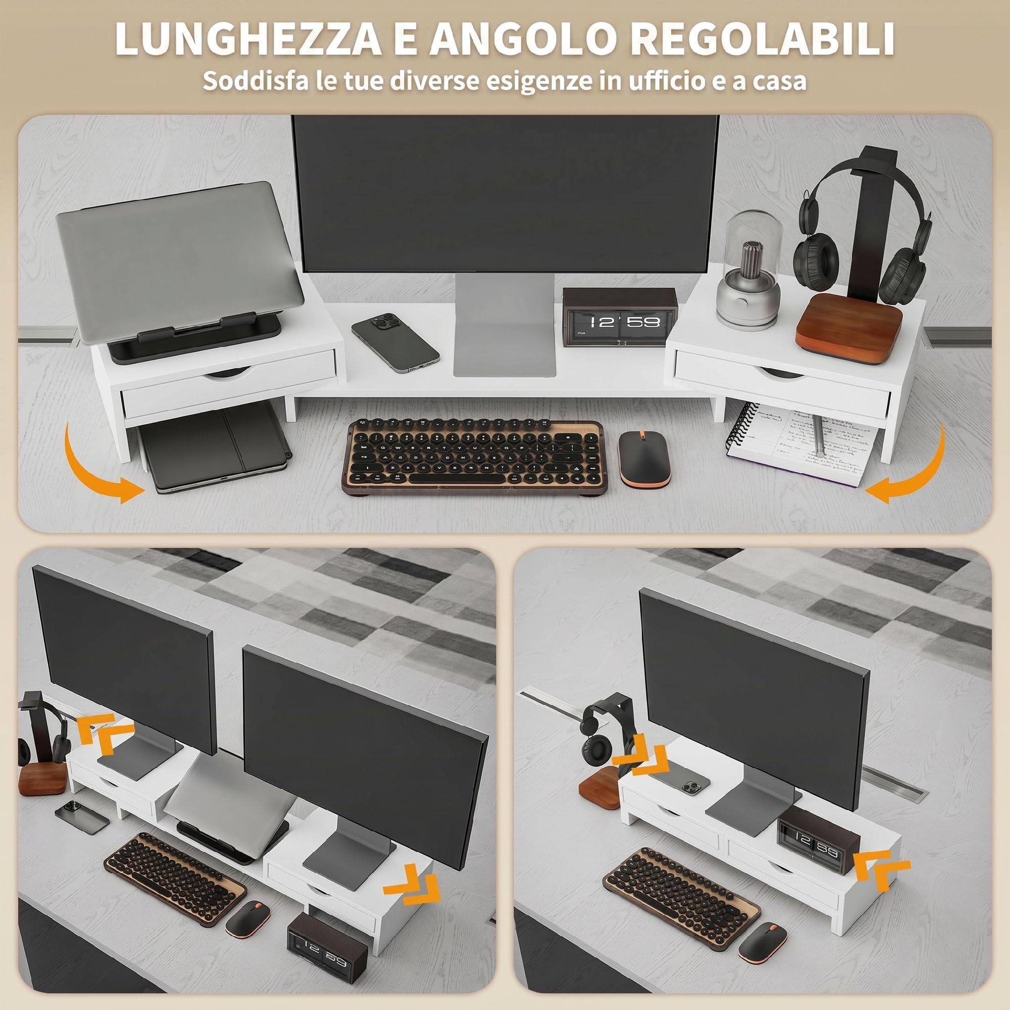 HOMCOM Supporto per Monitor da Scrivania Regolabile 60-116x22x12 cm Bianco