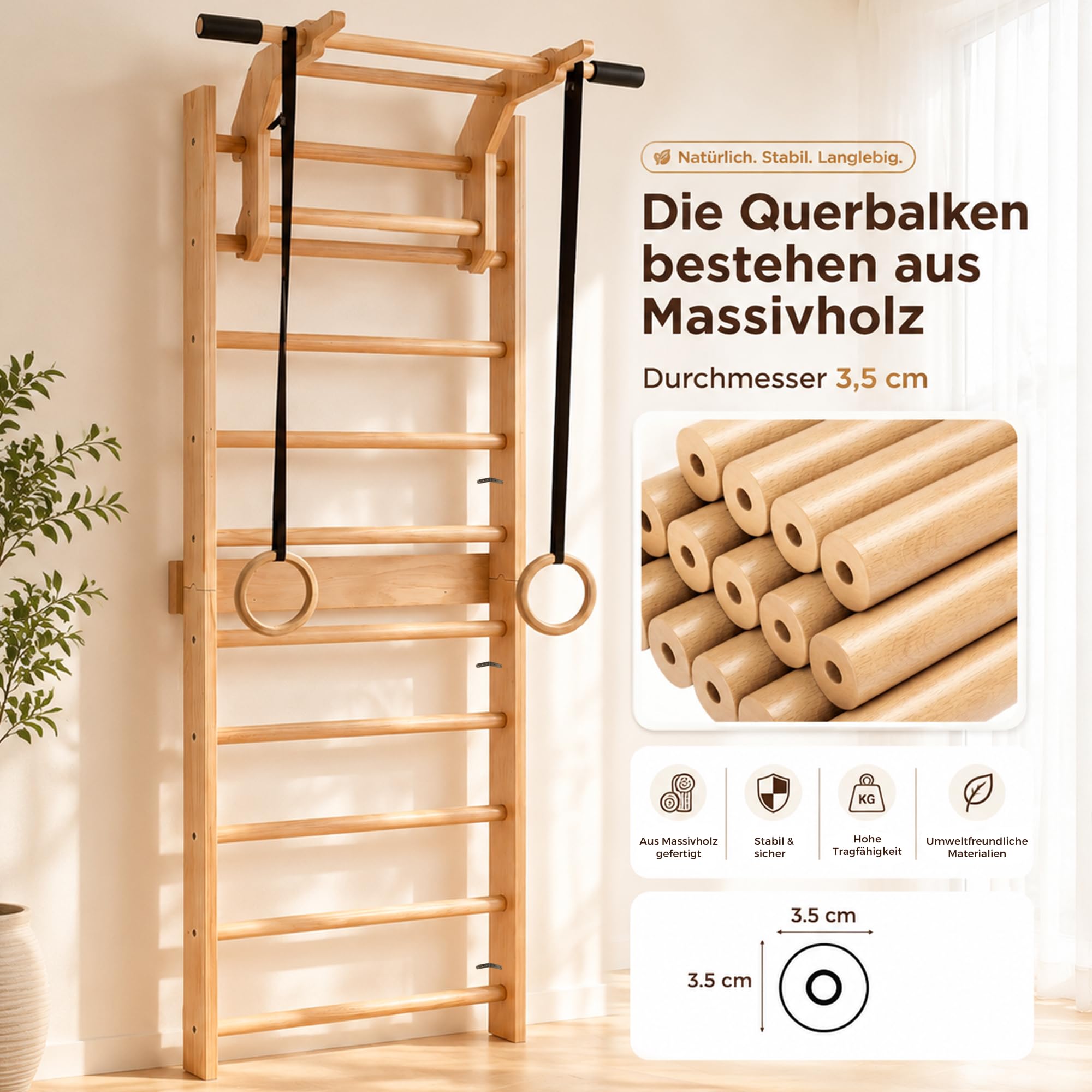 4 IN 1 Sprossenwand mit Klimmzugstange & Dip Extension, 150kg Wandmontage Schwedenleiter mit 4EVA-Griffbezüge & Widerstandsbänder & Gymnastikringe, Holz-Kletterwand Sprossenwand für Erwachsene, Kinder
