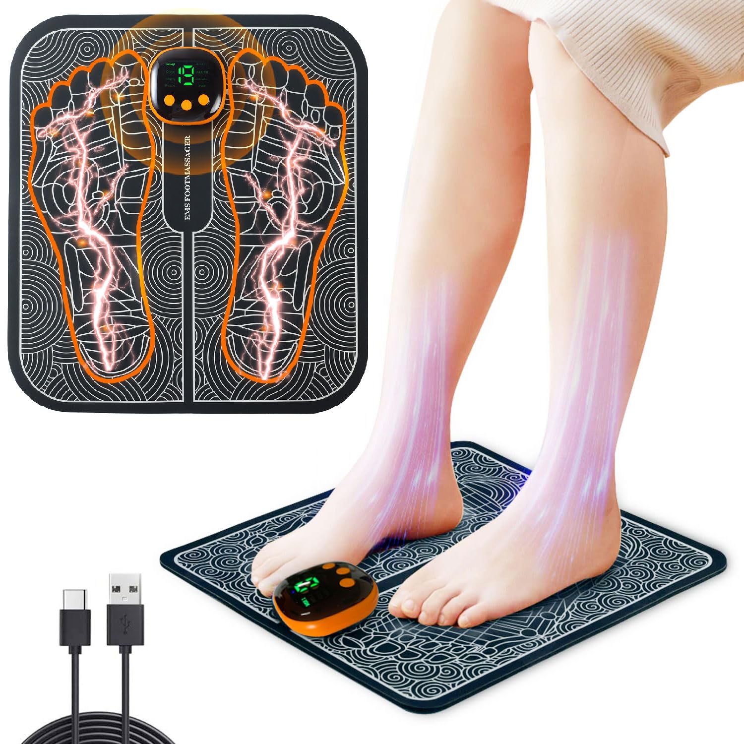 EMS masajeador de pies, Plegable y Portátil Masajeador Eléctrico de Pies con 8 Modos de Masaje y 19 Niveles de Intensidad, Con mando a distancia, para Circulación Sanguínea Alivio del Dolor Muscular