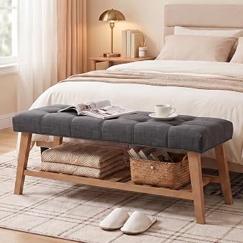 Farmhouse Storage Entryway Bench with Shoe Shelf, Linen Fabric Upholstered 2 Tier Button Tufted Bench with Wooden Frame for End of Bed/Hallway/Reception/Living Room, Charcoal