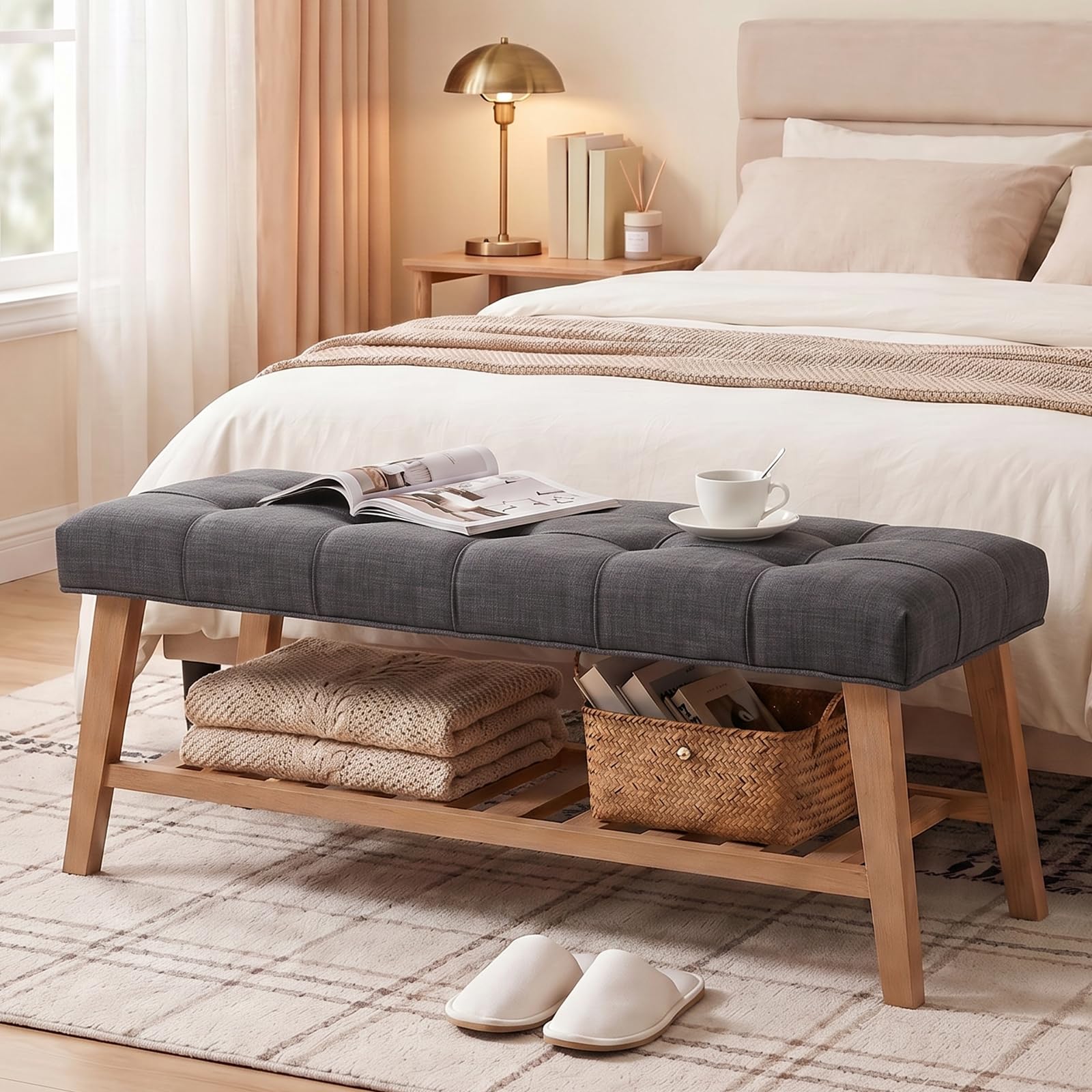 Wooden End of Bed Bench Entryway Bench with Storage, Charcoal