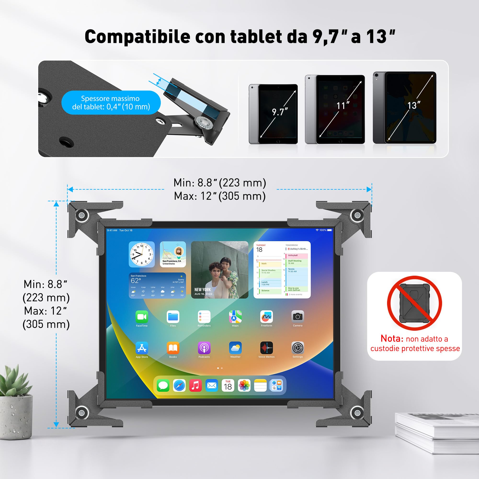 AboveTEK Supporto da Parete Universale per Tablet 9,7-13", Supporto Tablet da Muro con Blocco di Sicurezza, Rotazione 360°, Acciaio Robusto, per POS, Reception, Ufficio, Negozi